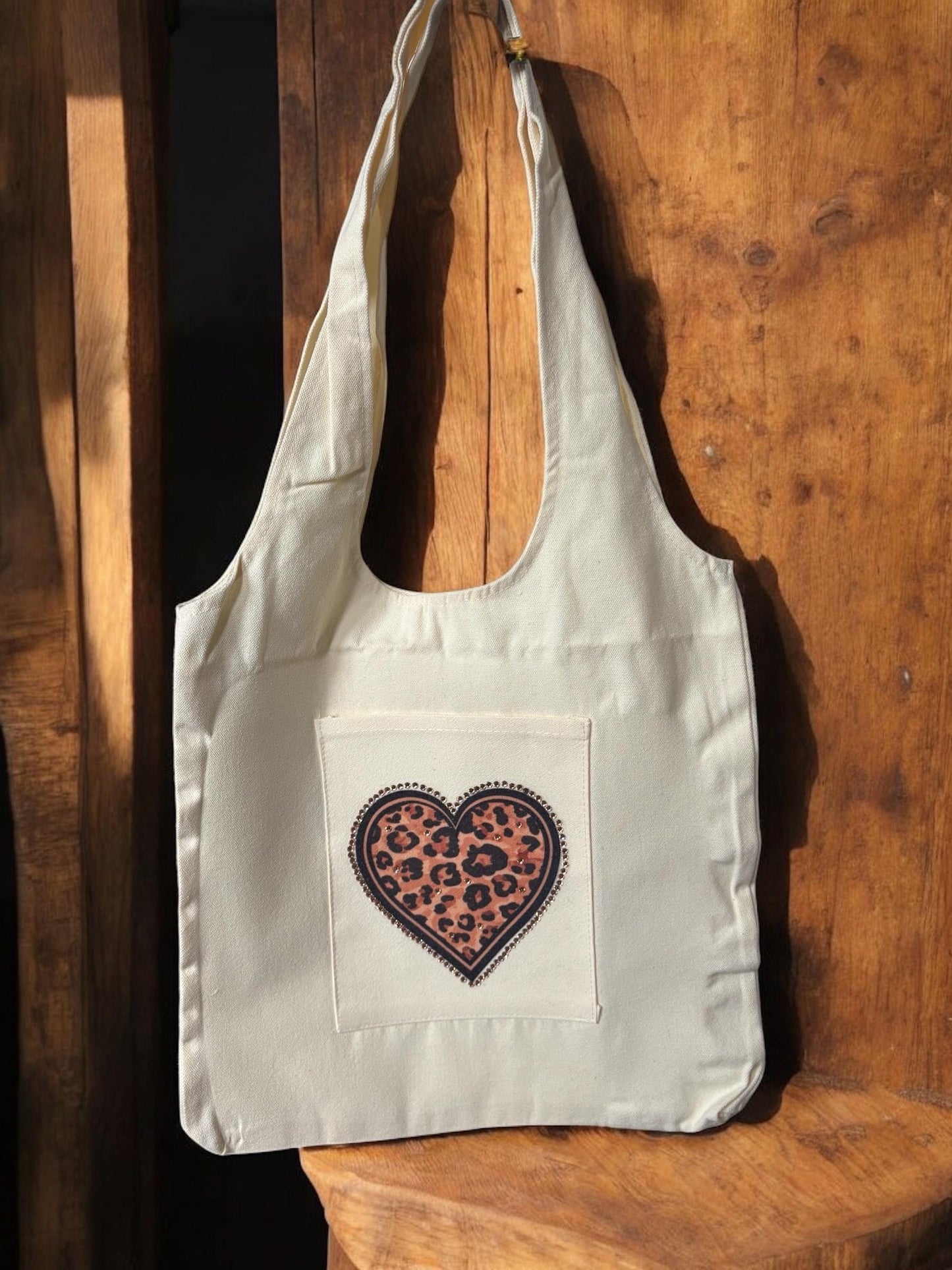 Customised Tote Bag with leopard print heart and rhinestones. One of a kind,can be personalised