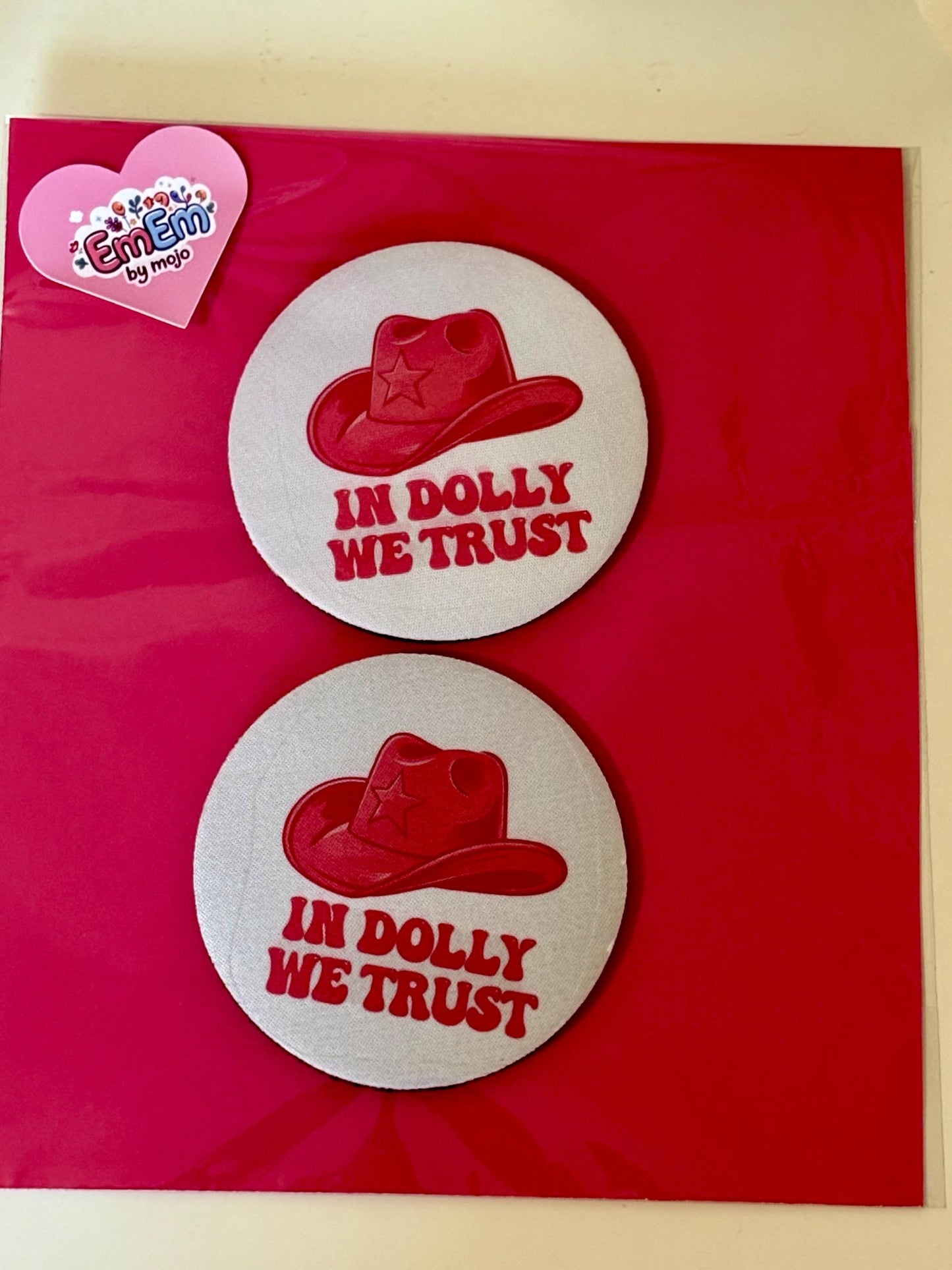 Colourful Neoprene Coasters - set of 2 Absorbent Neoprene Cup coasters with fun “Dolly” quote and Pink Stetson