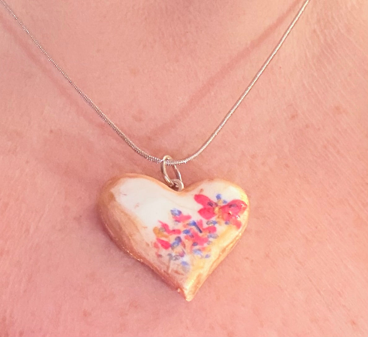 Handmade Clay Heart Necklace - Pink & Gold