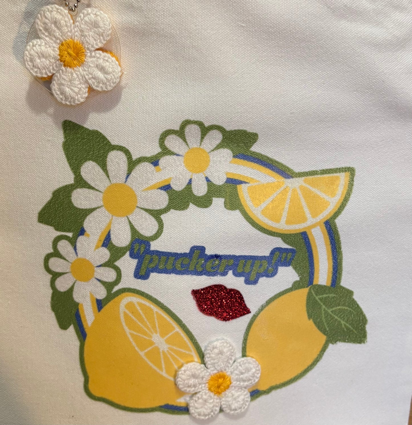 Lemon Tote Bag with Glitter Lips - Retro Pucker Up Design with Flower Charm
