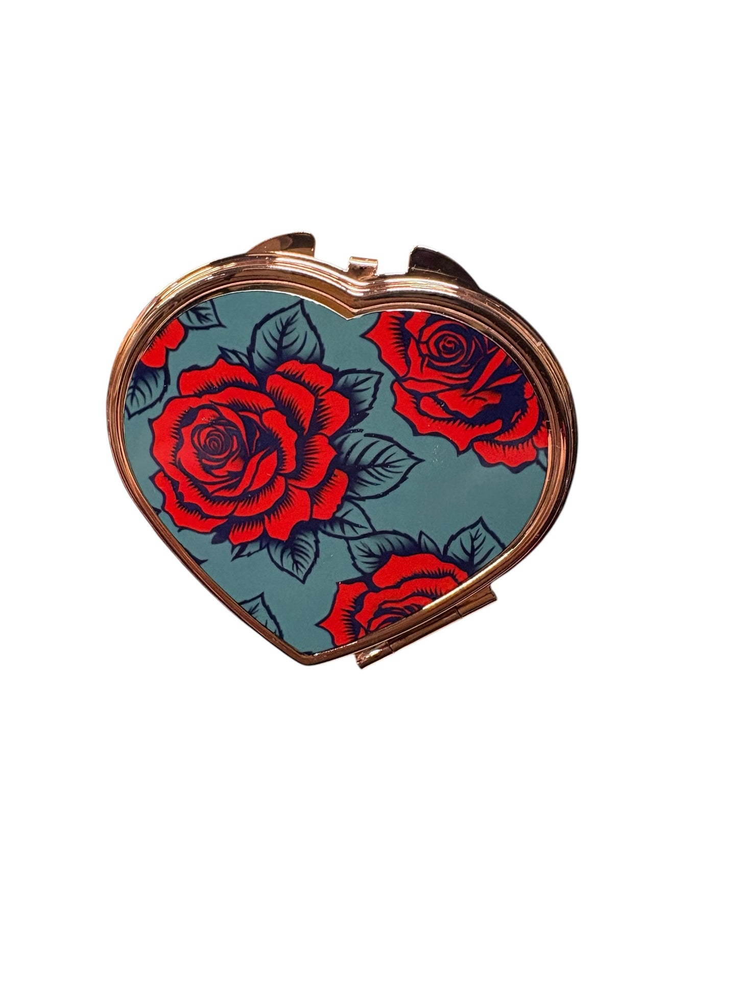 Heart Shaped Compact Mirror | Rose Gold | Dark Red Rose & Teal Design