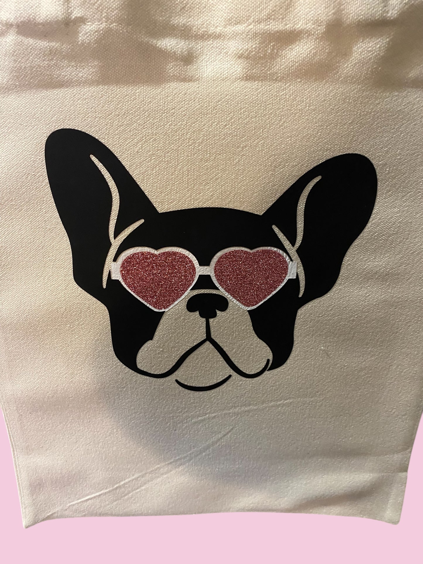 French Bulldog Tote Bag - Pink Glitter Sunglasses Design