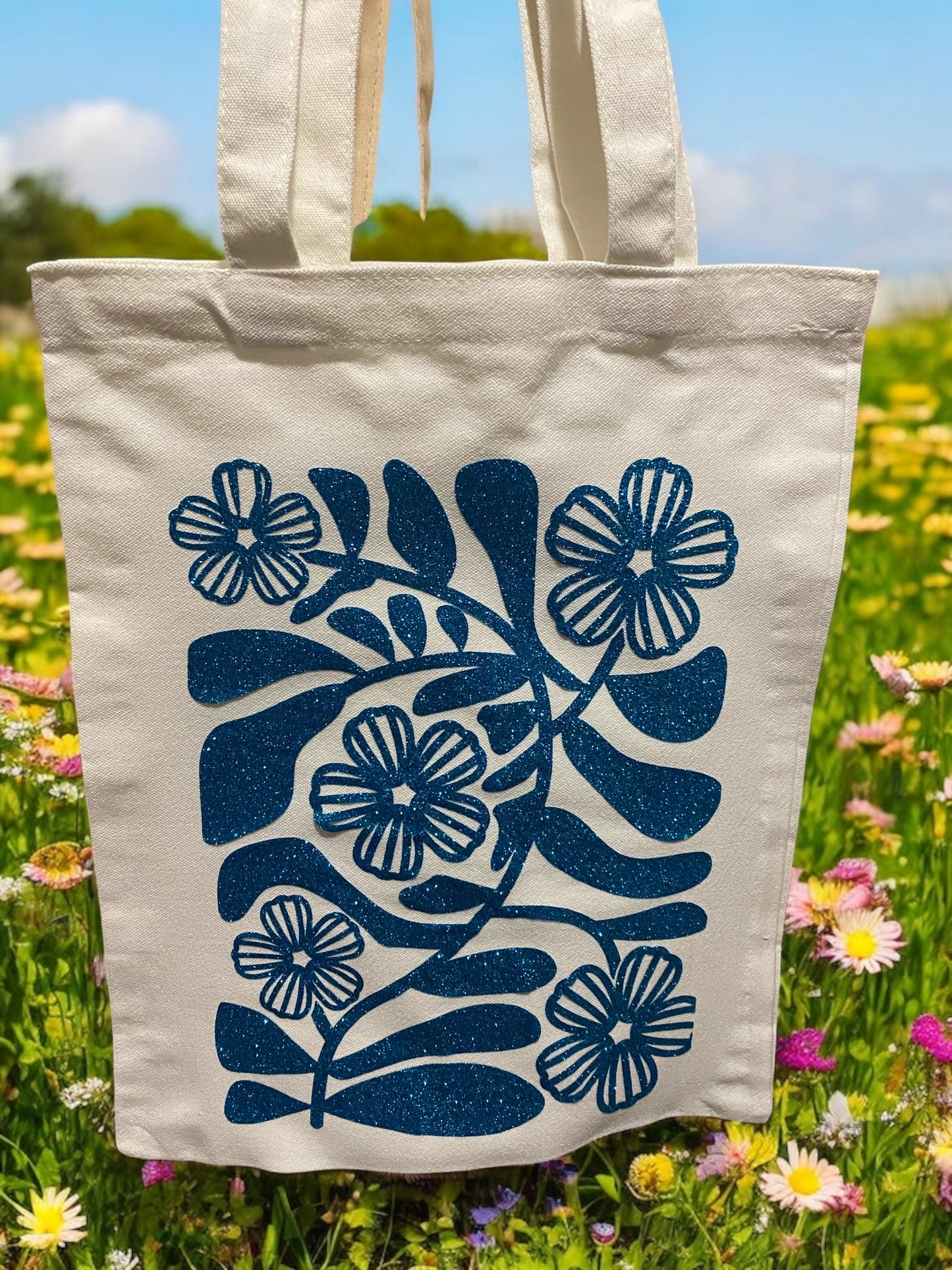 Hand decorated canvas Glitter tote bag with floral design, eco friendly reusable shopping bag flower keychain attached