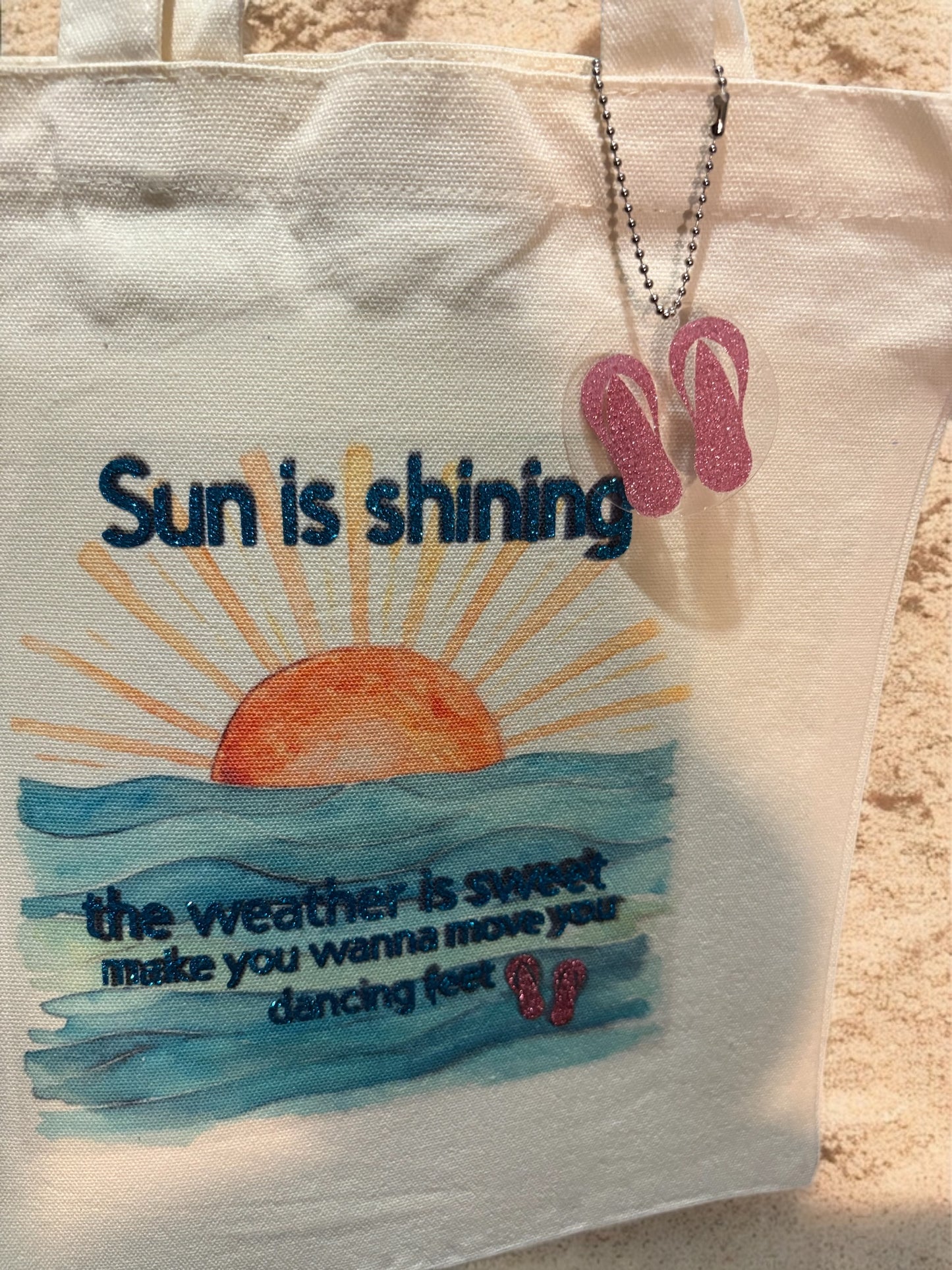 Sun is Shining Beach Tote Bag - Canvas Summer Bag with Flip-Flop Charm