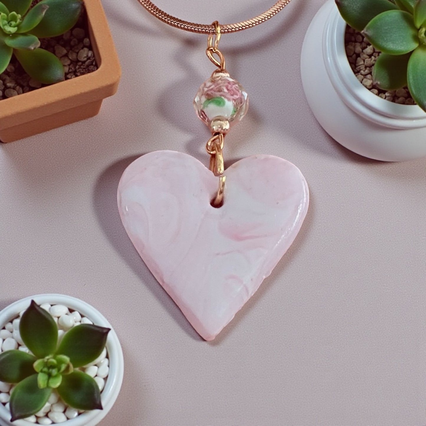 Pink Heart Necklace - Handmade Clay Pendant with Flower Bead & Gold Chain