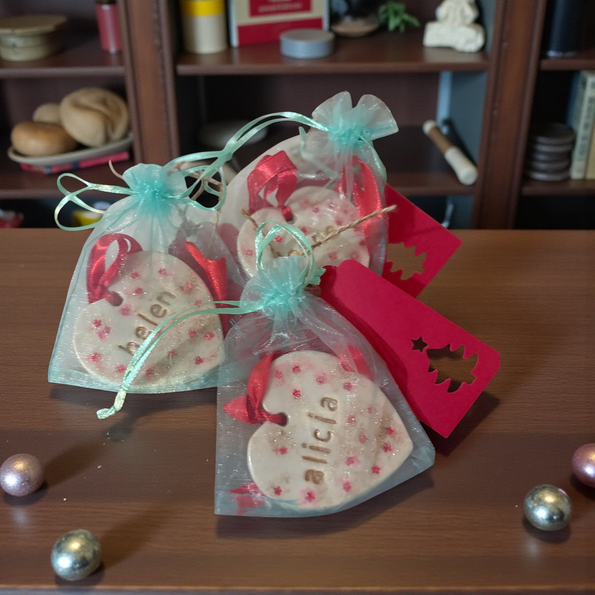 Personalised Christmas Heart Decoration | Red Glitter Stars