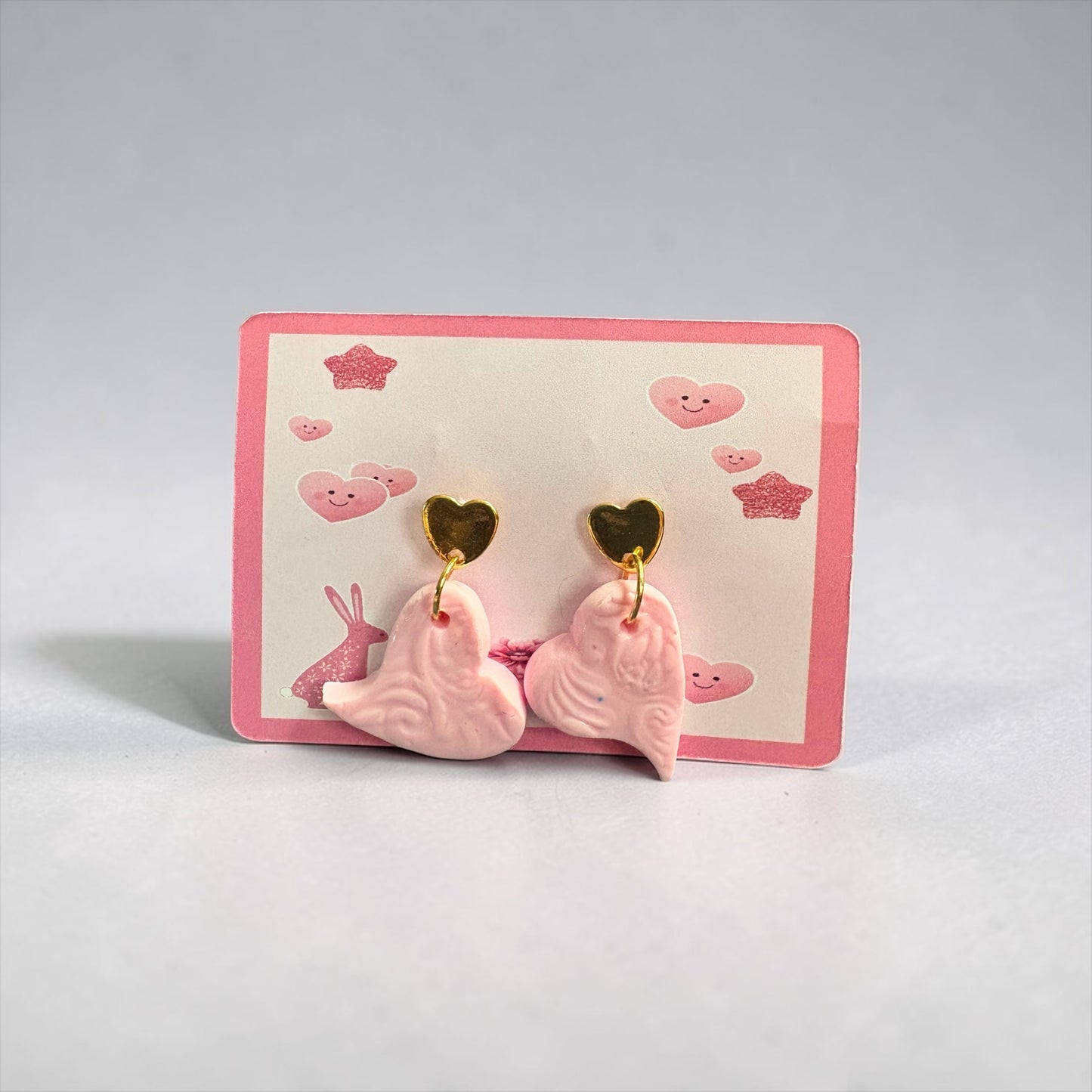 Handmade Pink Clay Heart Earrings with Gold Fittings