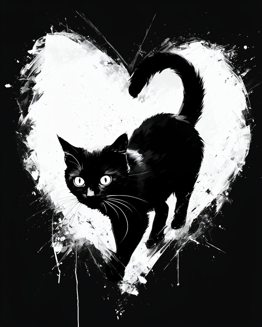 Black Cat Watercolour Print with Heart - Artistic Wall Art