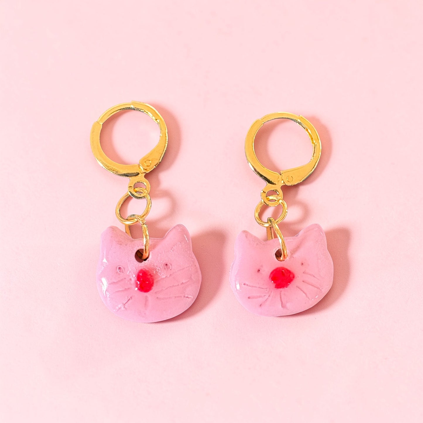 Pink Handmade Polymer Clay Cat Earrings | Cat Huggies