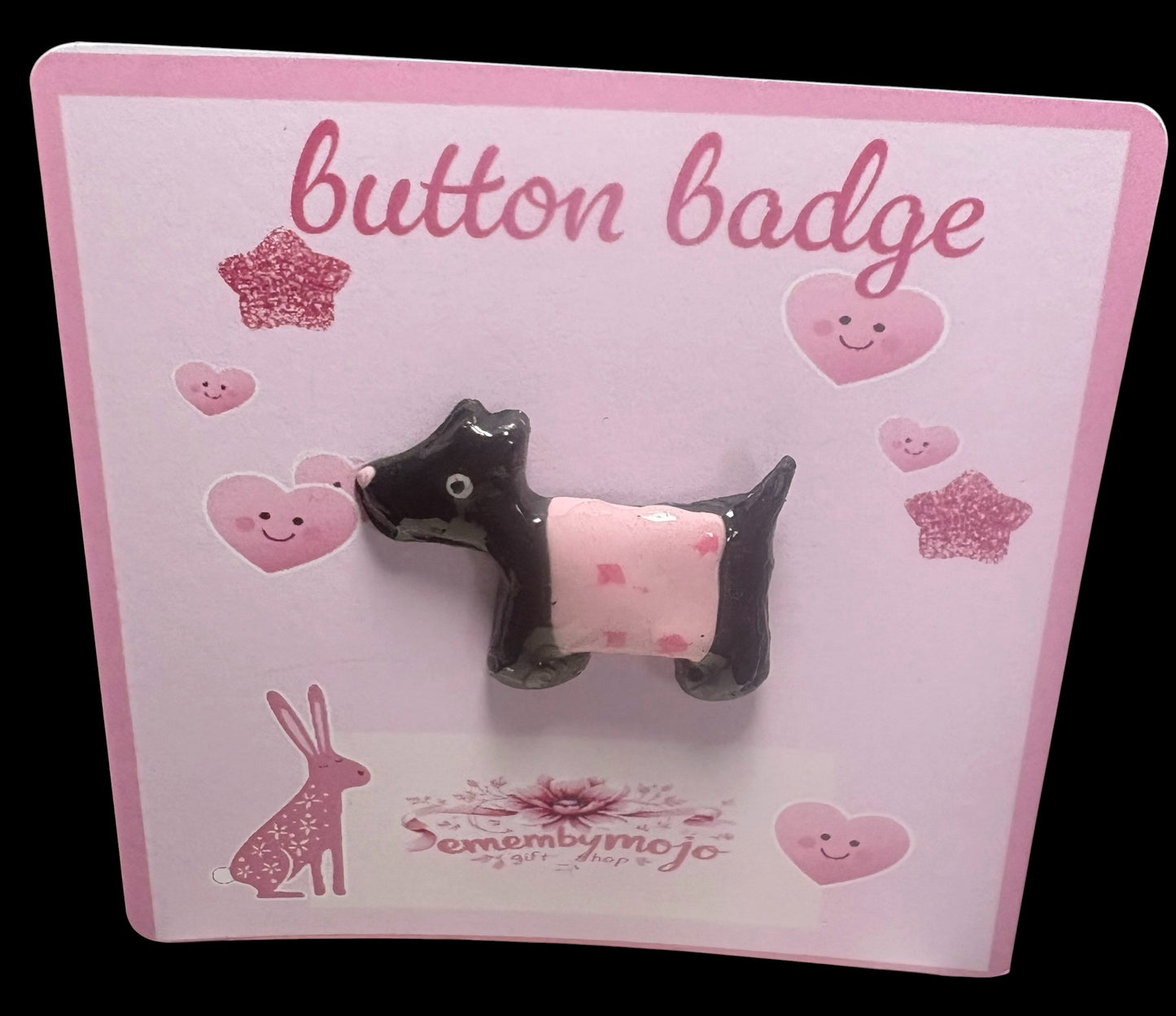 Handmade Scottie Dog Pin Brooch – Polymer Clay with Pink Jacket & Resin Coat