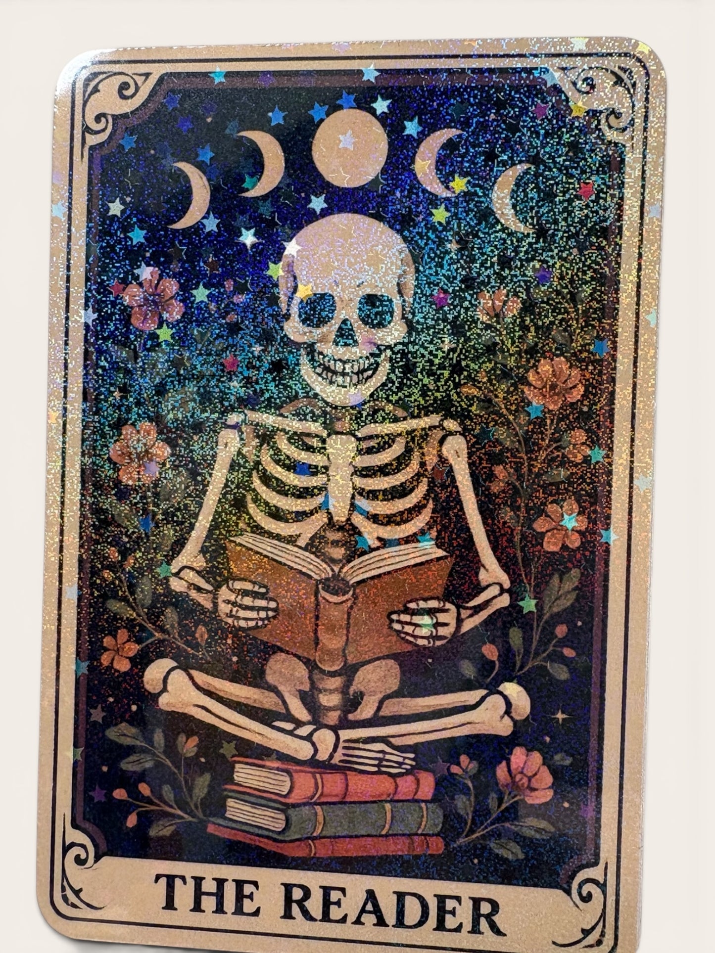 The Reader Tarot Card Glitter Sticker | Whimsical Skeleton Design | Waterproof