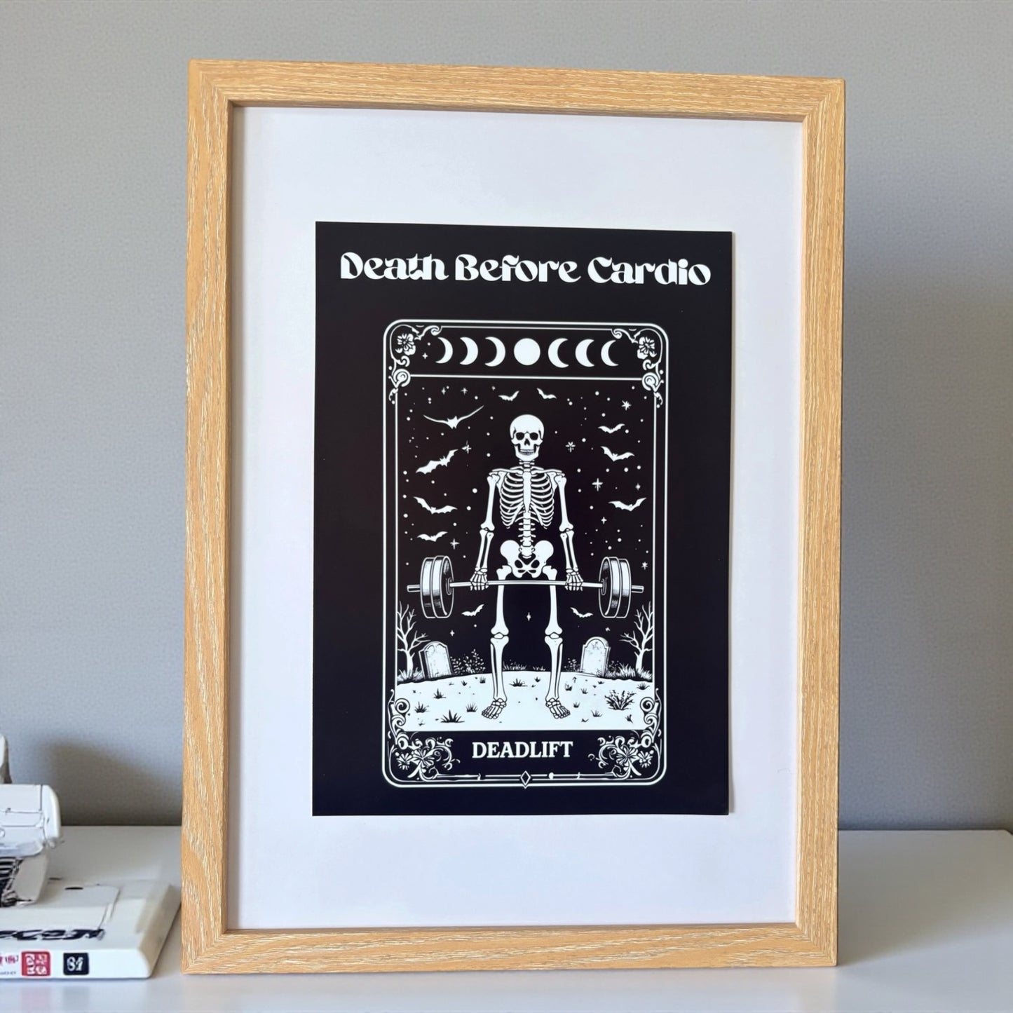 Death Before Cardio Gothic Art Print | Skeleton Deadlifting Tarot Style | A5 A4 A3