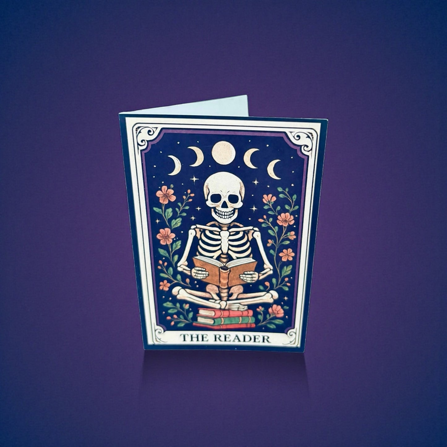 The Reader A5 Gothic Greeting Card | Skeleton Tarot Design | Book Lover Gift