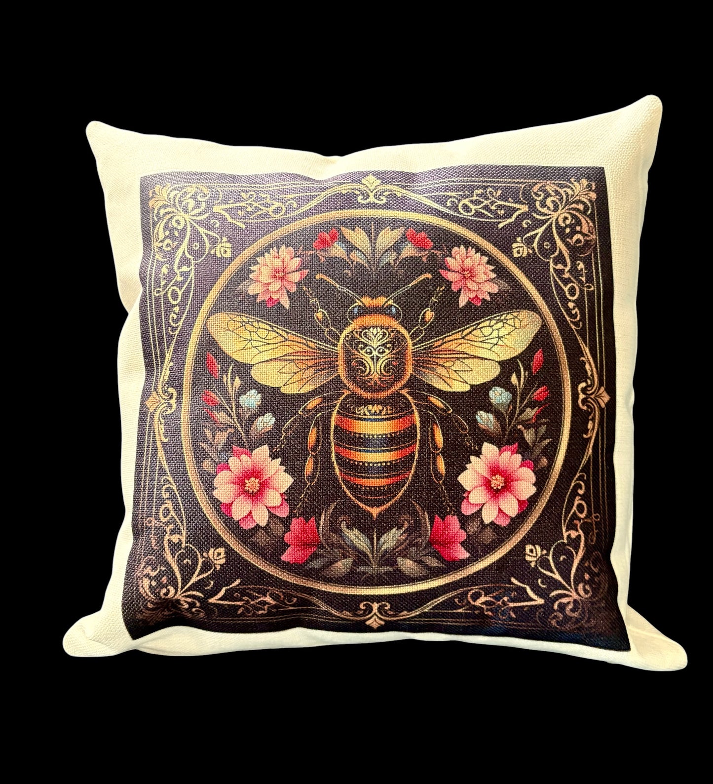 Hand Printed Linen Cushion | Golden Bee & Pink Flowers | Black | 40x40cm