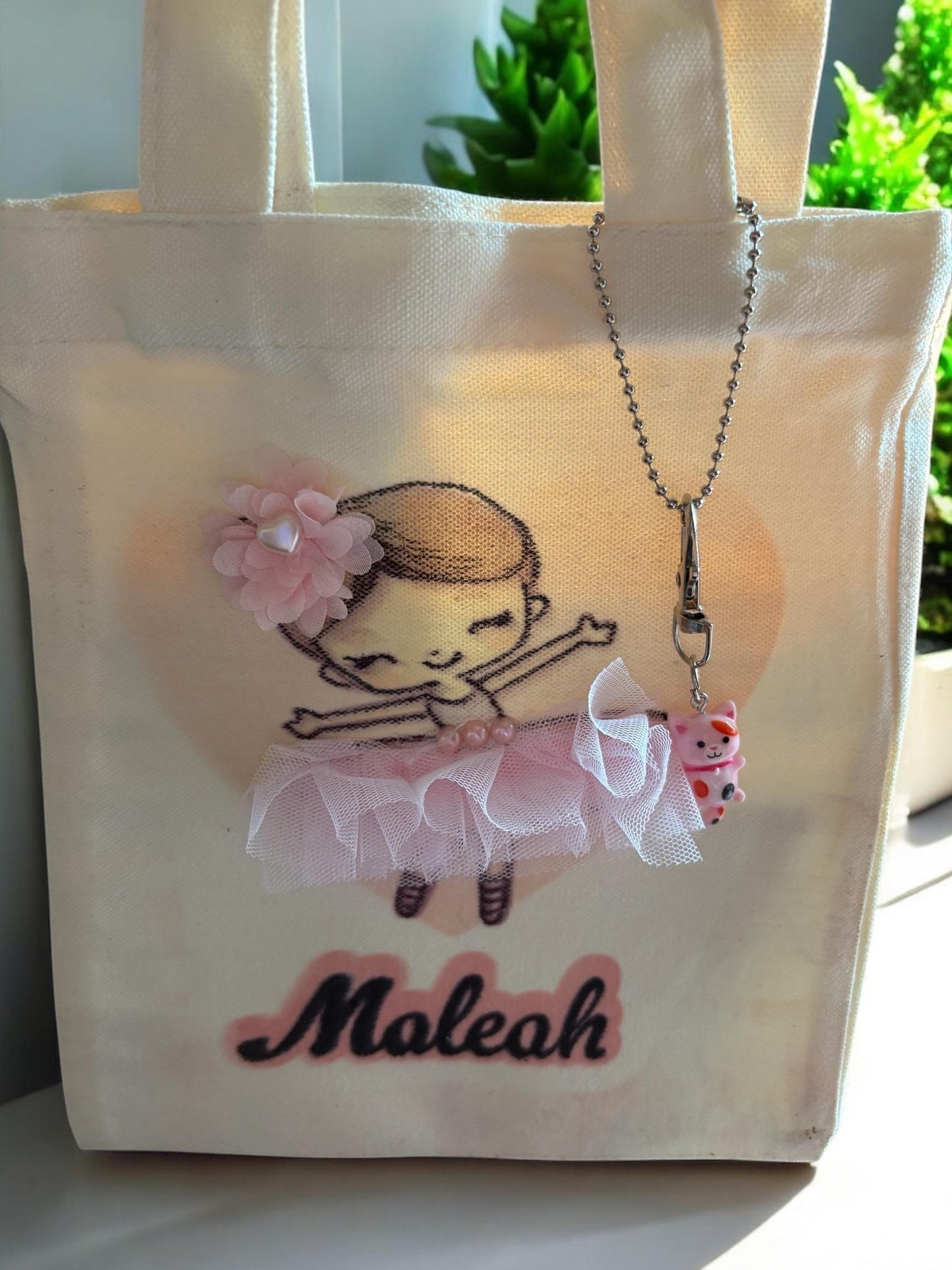 Kids large personalised tote bag with cute ballerina with tutu on front and name, can be personalised to suit. To suit an older child.