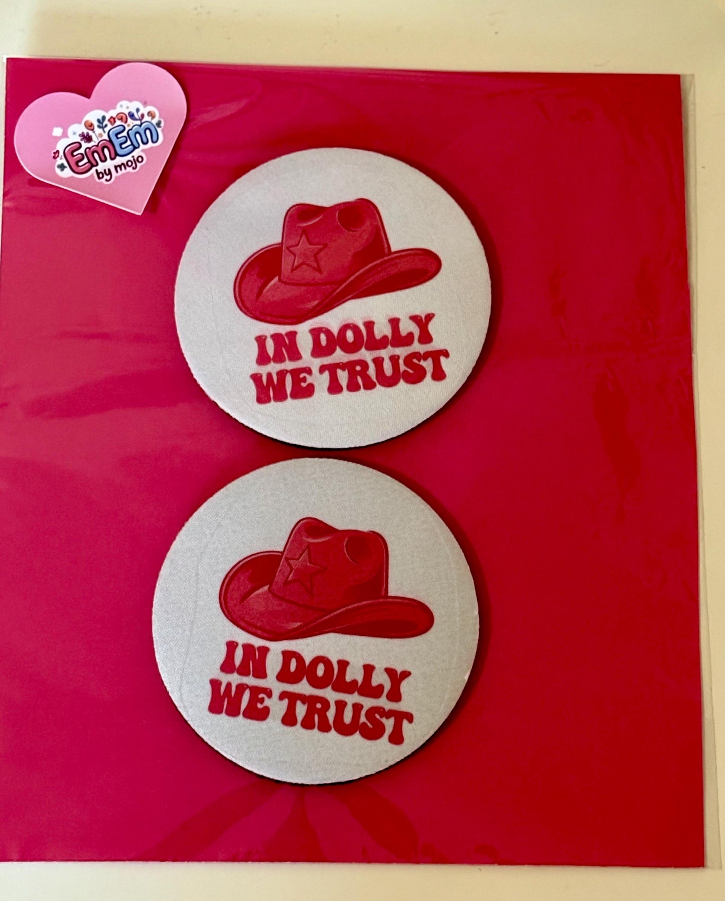 Colourful Neoprene Coasters - set of 2 Absorbent Neoprene Cup coasters with fun “Dolly” quote and Pink Stetson