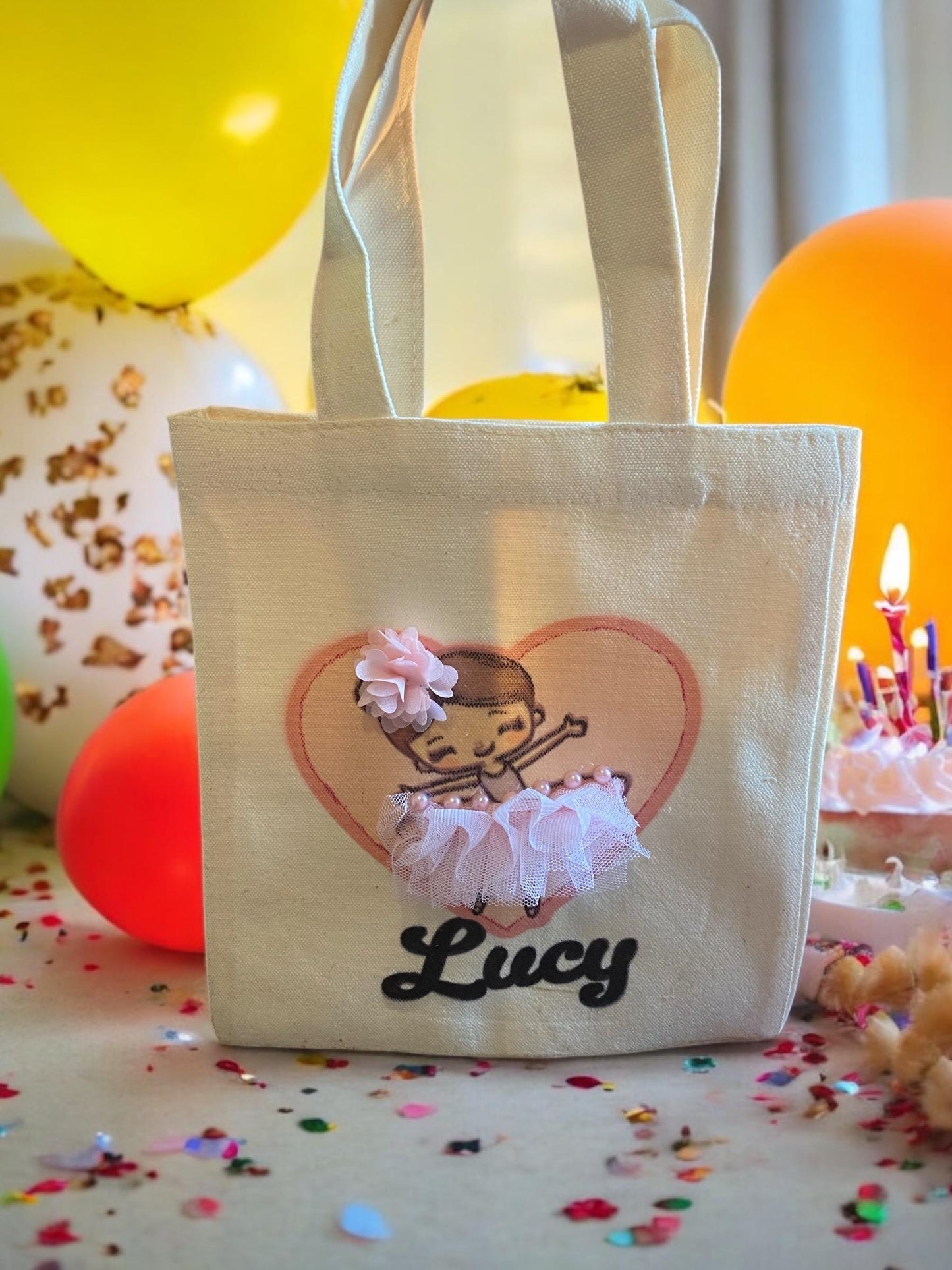 Kids large personalised tote bag with cute ballerina with tutu on front and name, can be personalised to suit. To suit an older child.