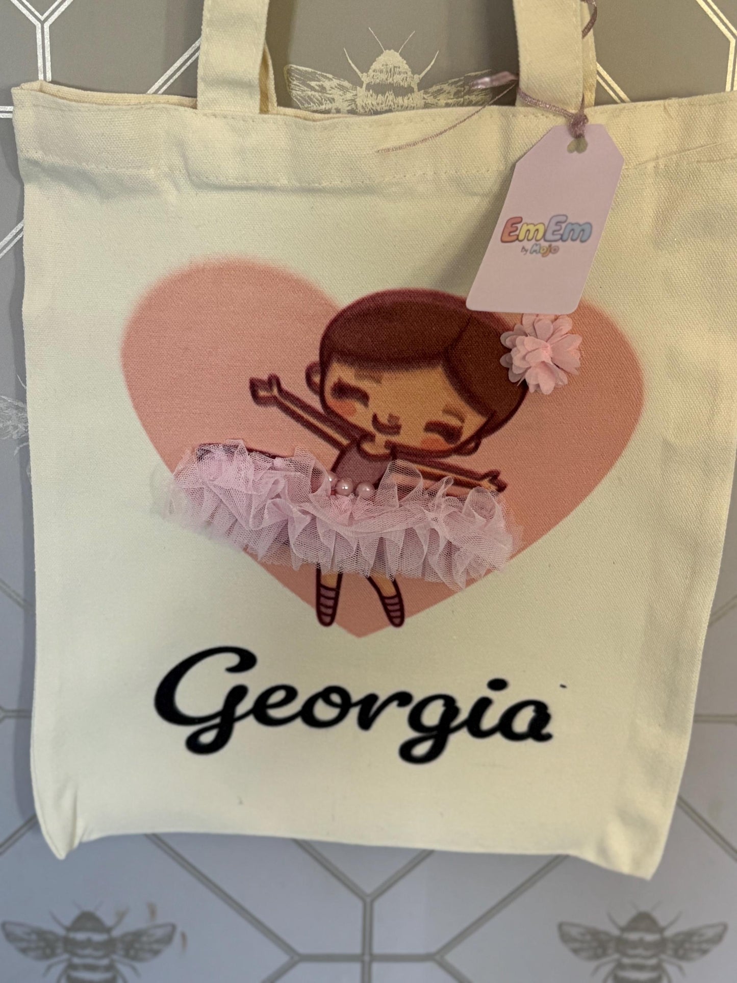 Kids large personalised tote bag with cute ballerina with tutu on front and name, can be personalised to suit. To suit an older child.
