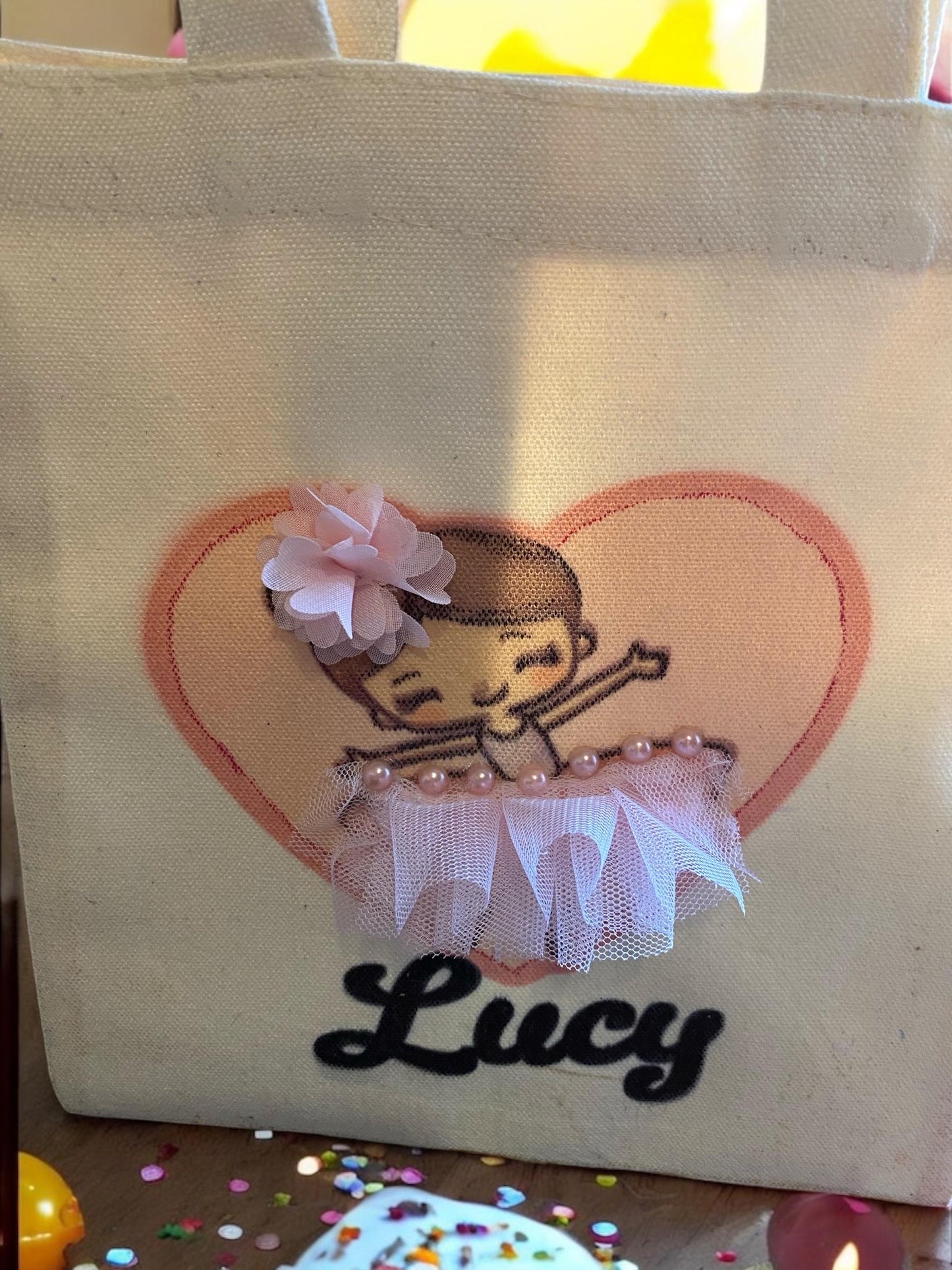Kids large personalised tote bag with cute ballerina with tutu on front and name, can be personalised to suit. To suit an older child.