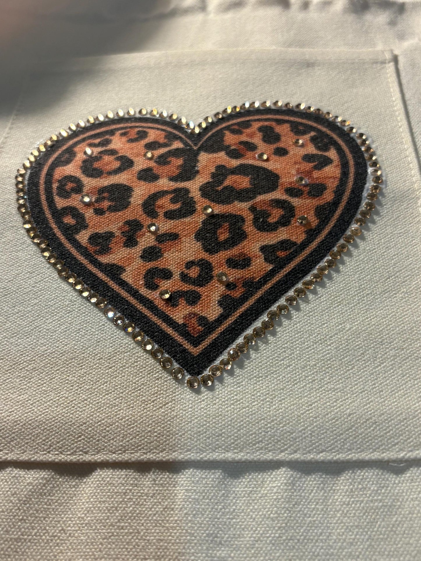 Customised Tote Bag with leopard print heart and rhinestones. One of a kind,can be personalised