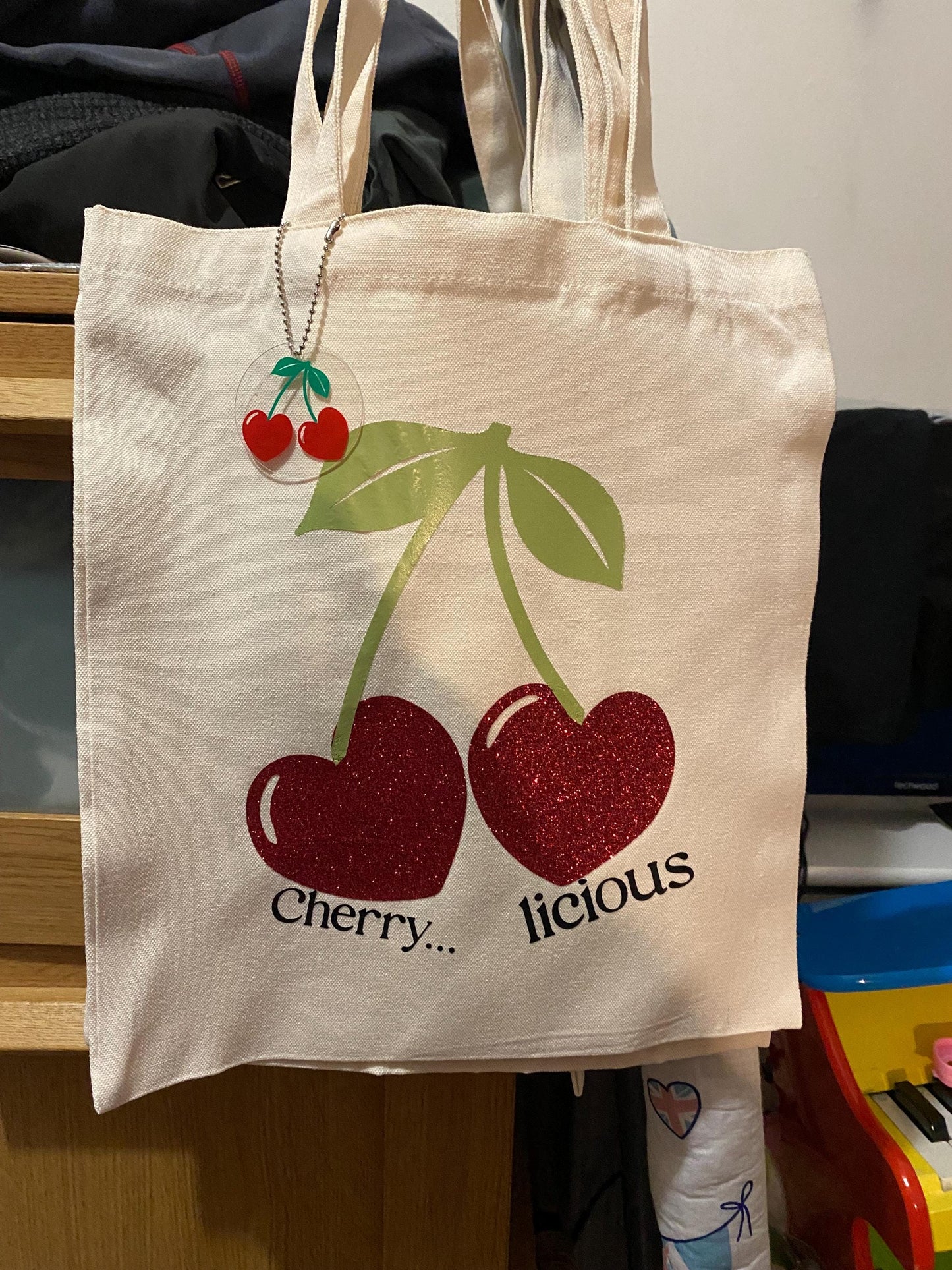Glitter Cherry Tote Bag - Hand Decorated Reusable Shopping Bag