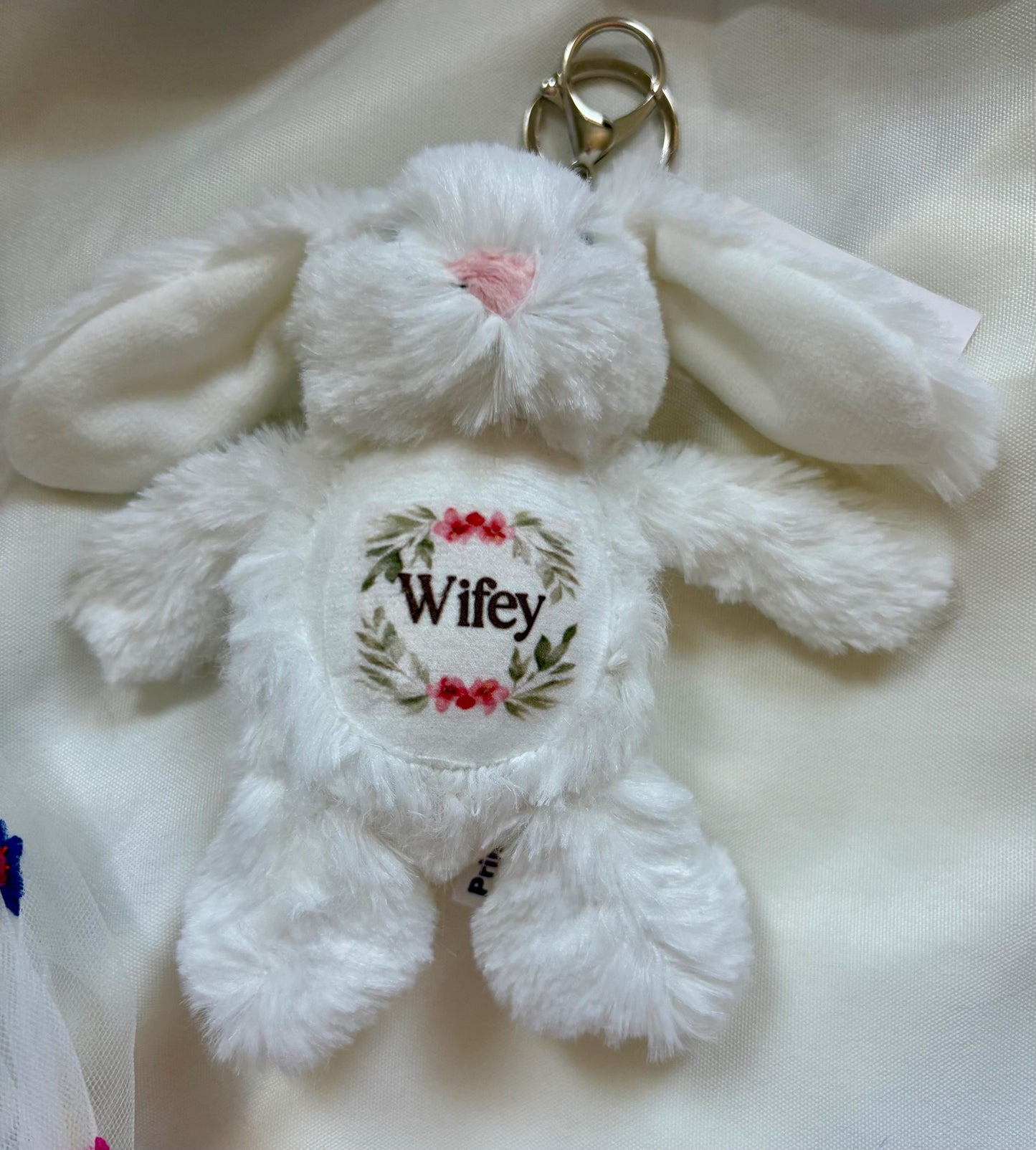 personalised bunny keyring gift for Bridal party, flower girl, bridesmaid. Plushie bunny with personal message printed