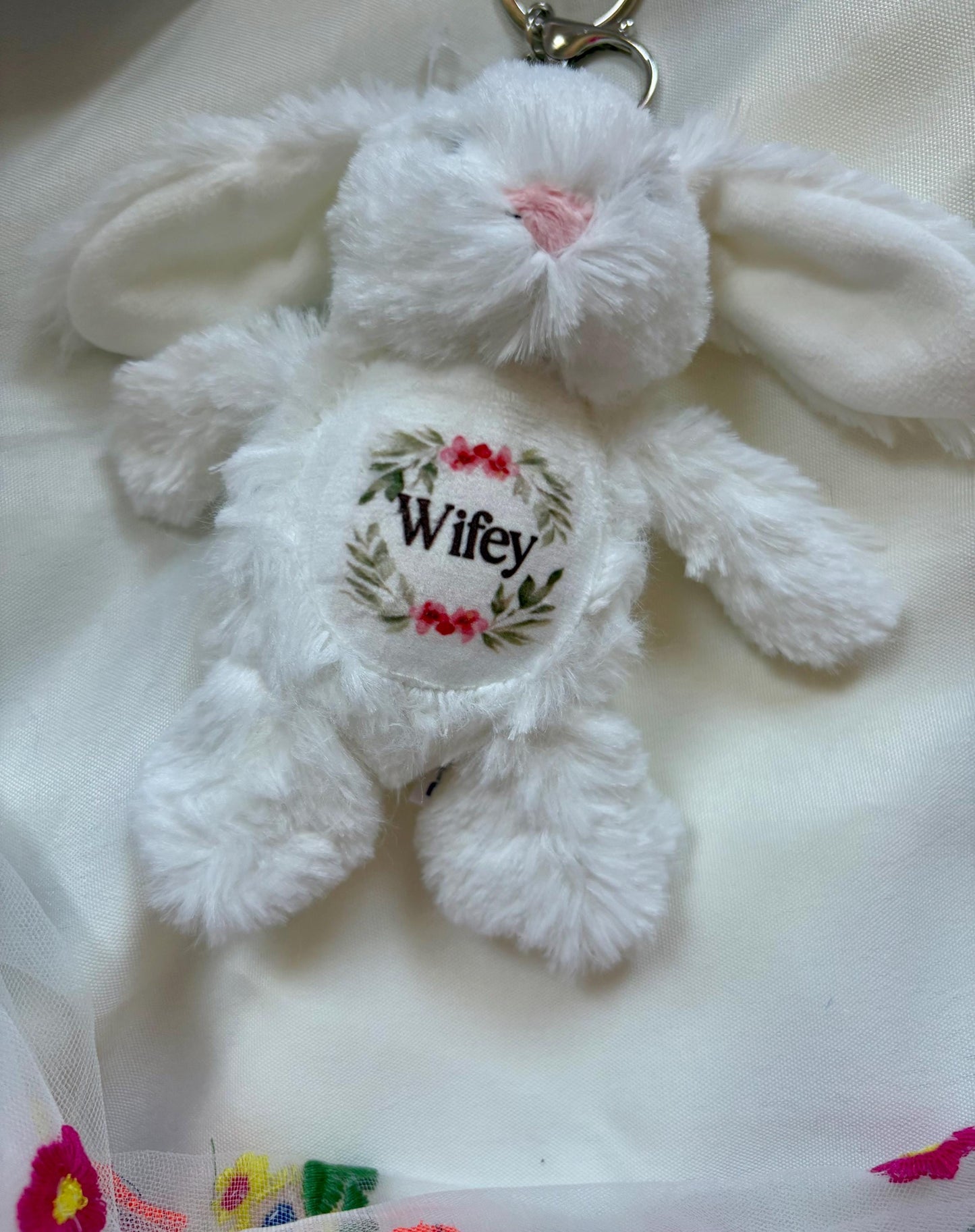 personalised bunny keyring gift for Bridal party, flower girl, bridesmaid. Plushie bunny with personal message printed