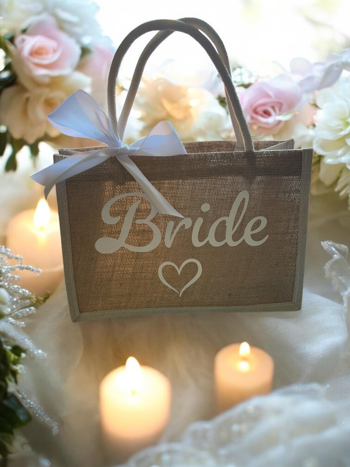 Bride Jute Tote Bag with White Bow- Bridal gift, Wedding Day Tote or Bride getting ready Bag, Eco friendly Wedding Accessory