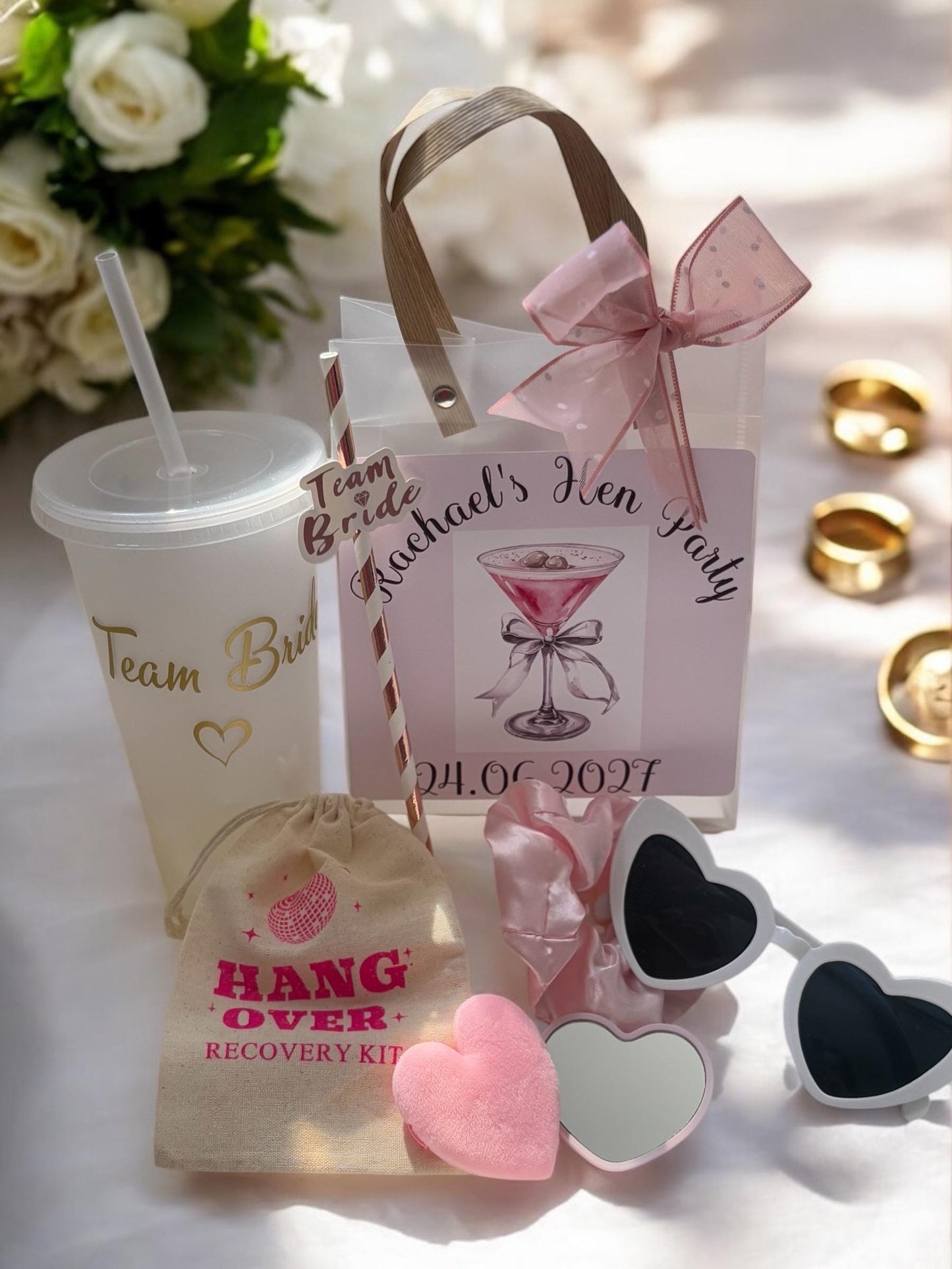Personalised Hen Party gift Bag, can be customised with added items, sleep mask, hair band, scrunchie, champagne glass and more