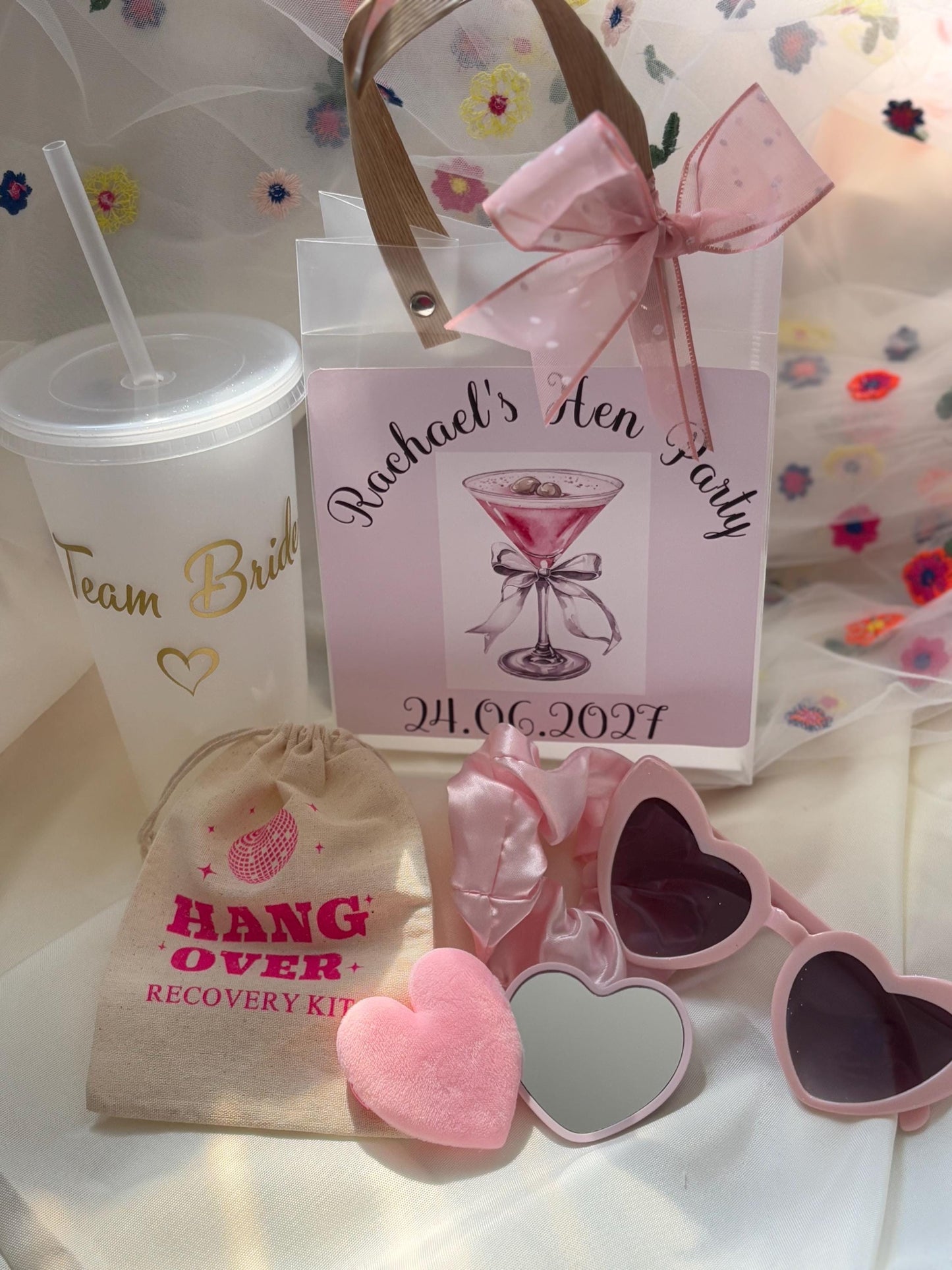 Personalised Hen Party gift Bag, can be customised with added items, sleep mask, hair band, scrunchie, champagne glass and more