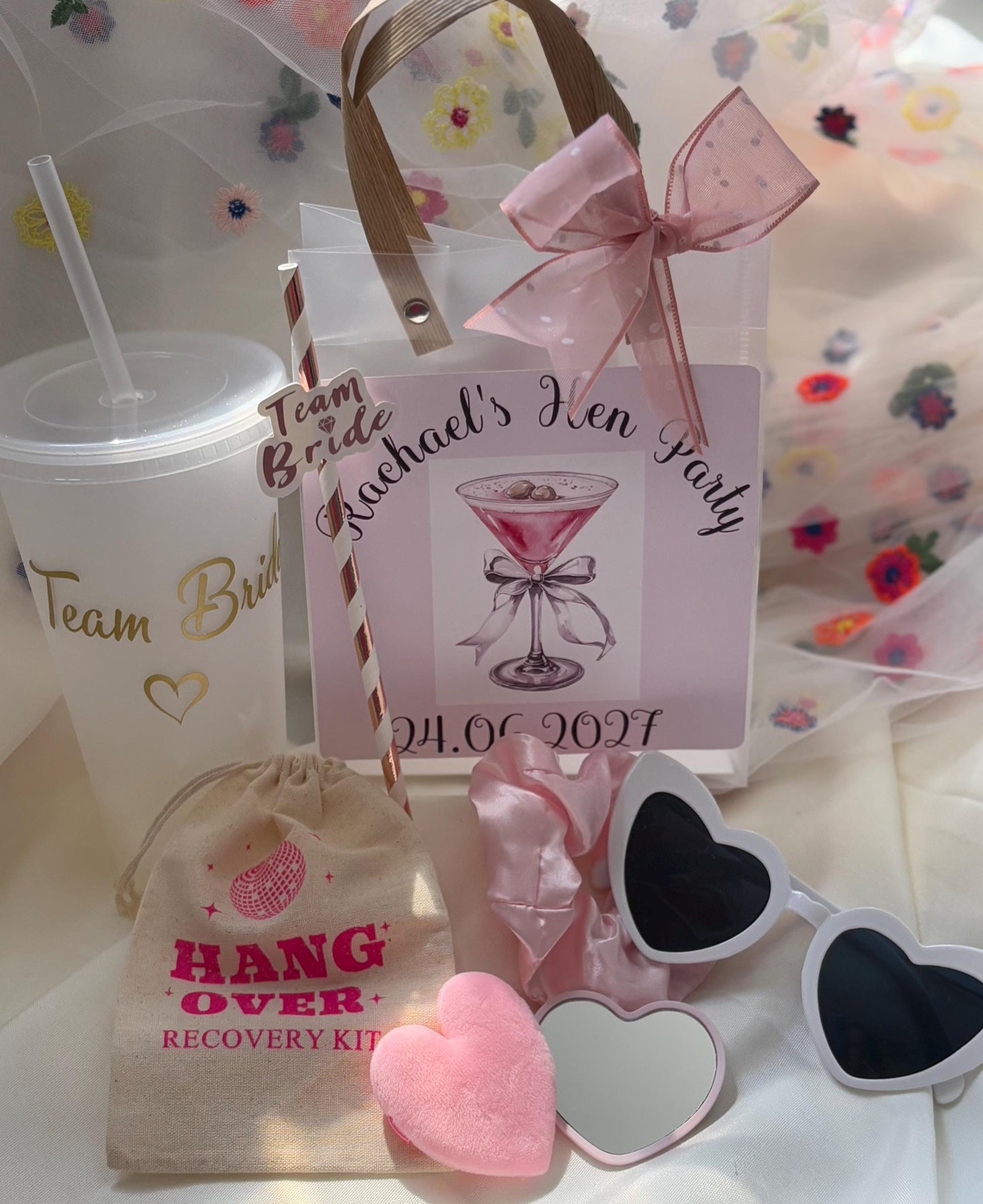 Personalised Hen Party gift Bag, can be customised with added items, sleep mask, hair band, scrunchie, champagne glass and more