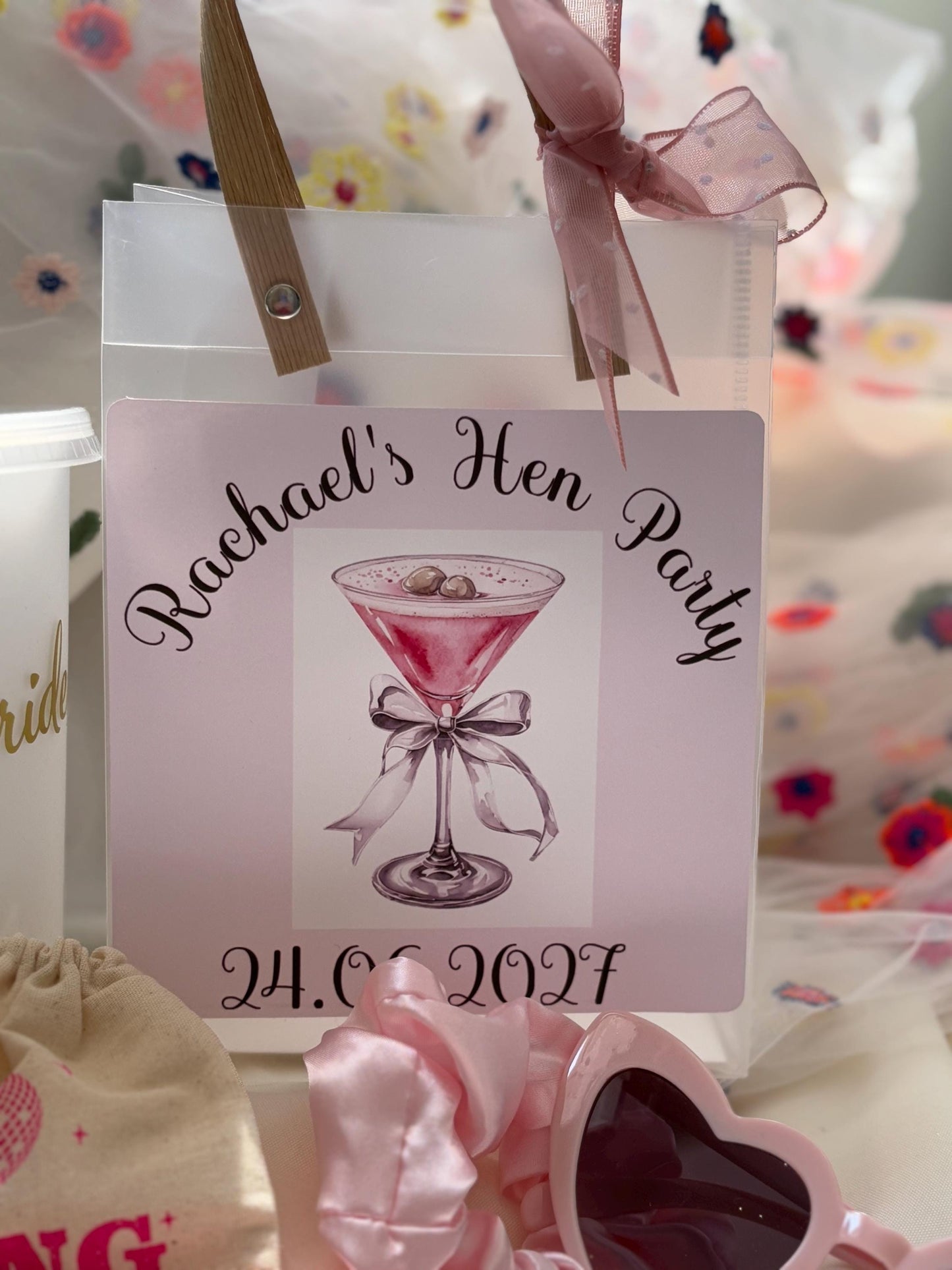 Personalised Hen Party gift Bag, can be customised with added items, sleep mask, hair band, scrunchie, champagne glass and more