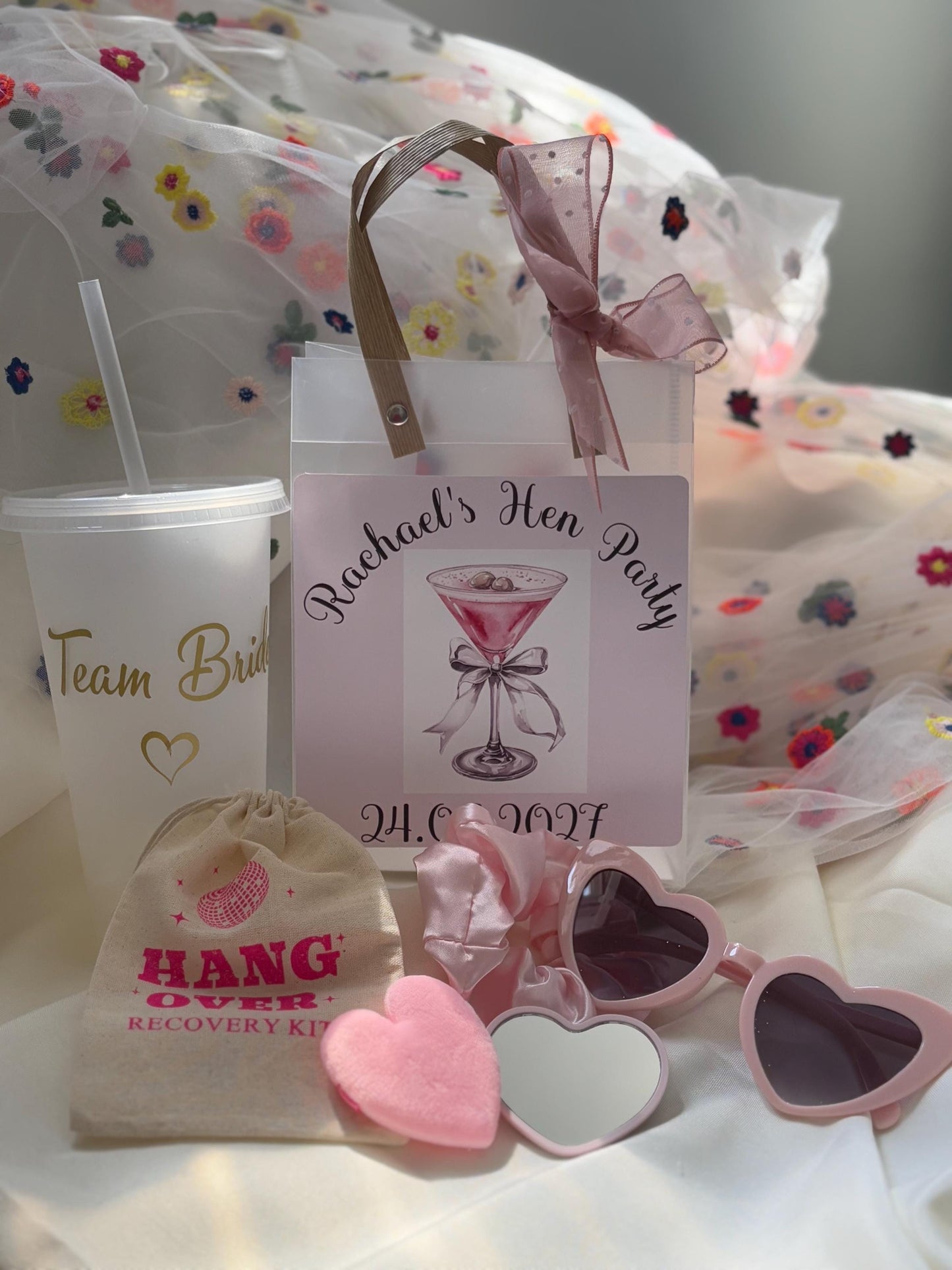 Personalised Hen Party gift Bag, can be customised with added items, sleep mask, hair band, scrunchie, champagne glass and more
