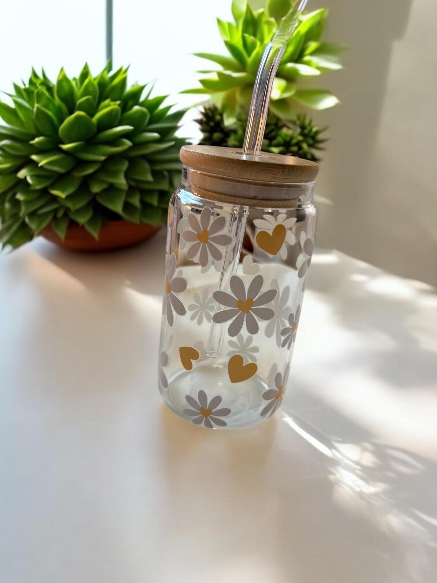 Flower Glass Tumbler with Bamboo Lid & Straw - Reusable Iced Coffee Cup