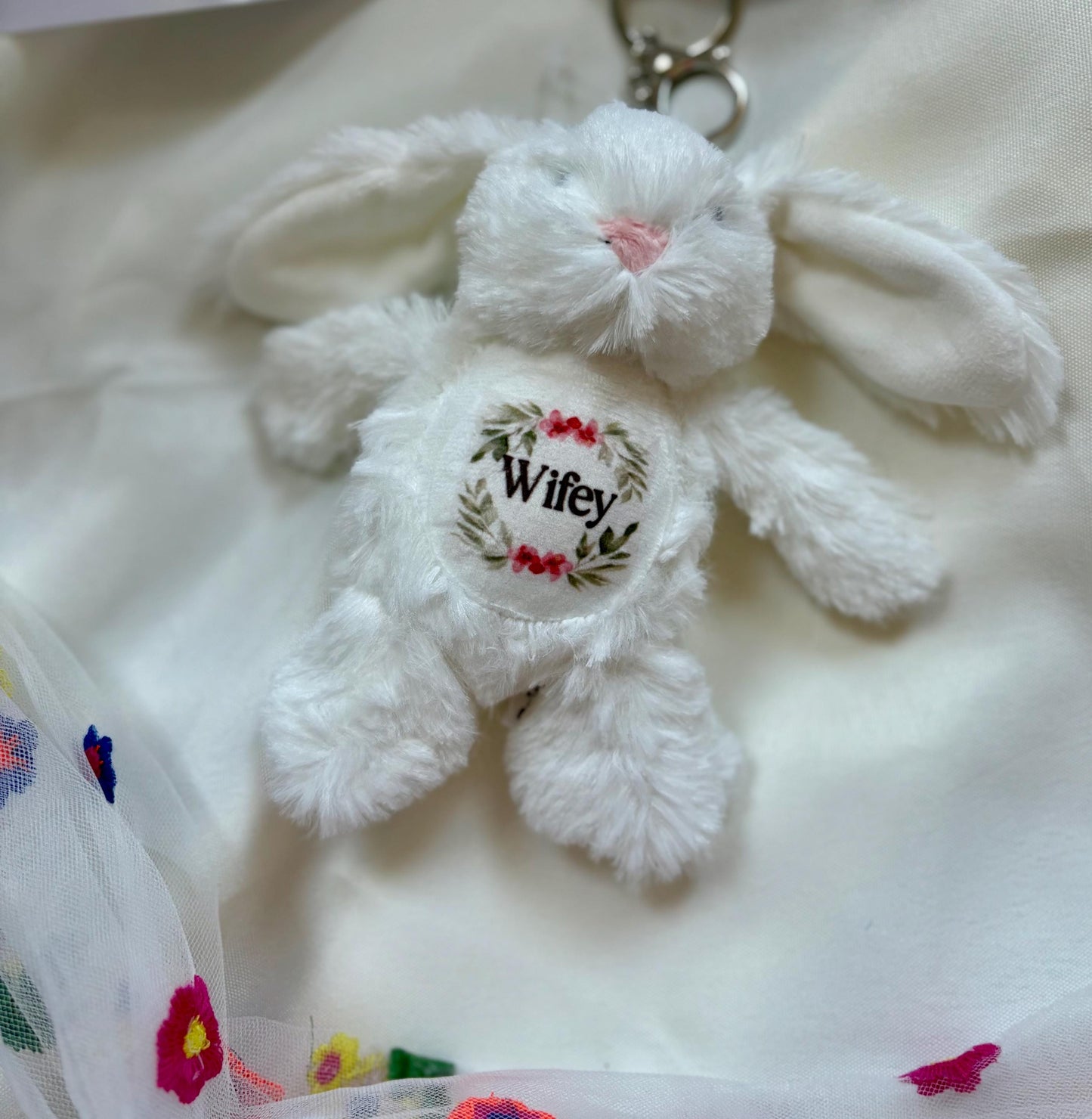 personalised bunny keyring gift for Bridal party, flower girl, bridesmaid. Plushie bunny with personal message printed