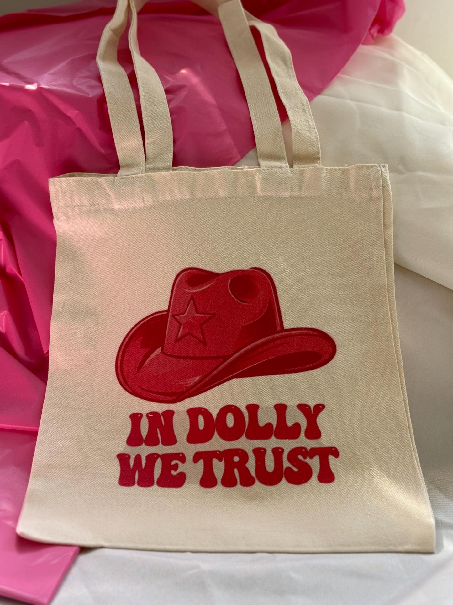 Cowgirl Tote Bag - Pink Stetson 'In Dolly We Trust' Personalised Gift