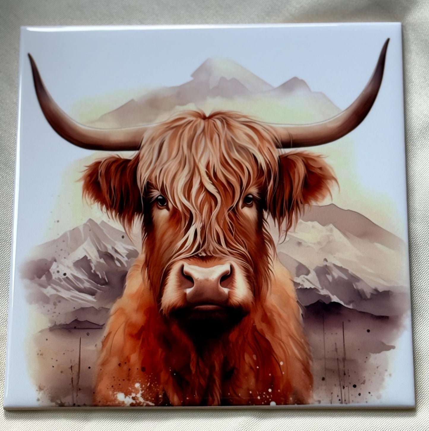 Highland Cow Ceramic Tile: Rustic Scottish Home Decor