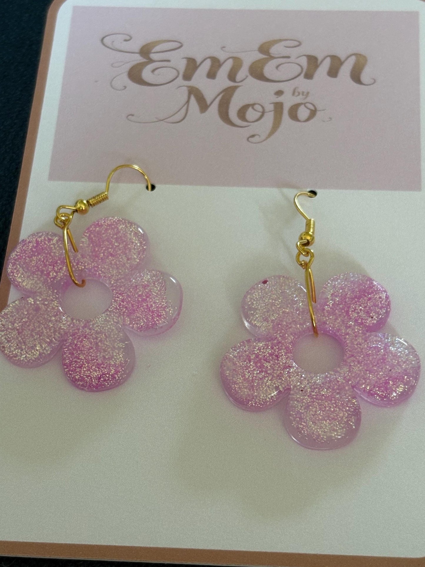 Handmade Resin Flower Earrings - Gold Tone Drop Earrings