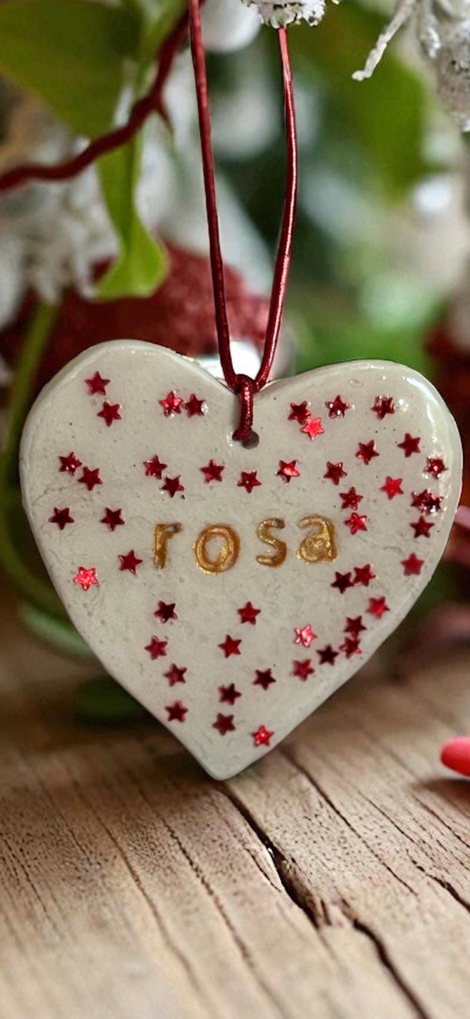 Personalised Heart Christmas Ornament With Red Stars/Custom Name Decoration
