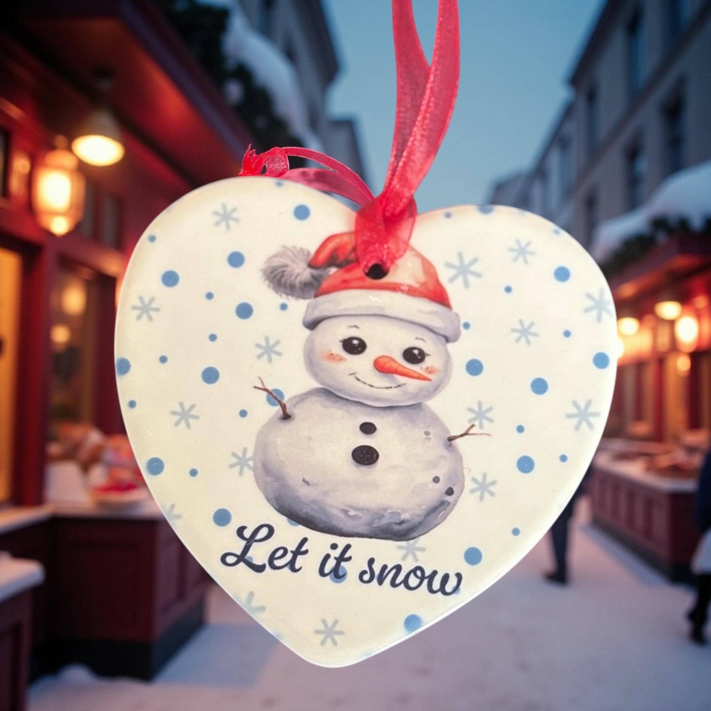 Snowman Christmas Heart Ornament - 'Let It Snow' Ceramic Tree Decoration