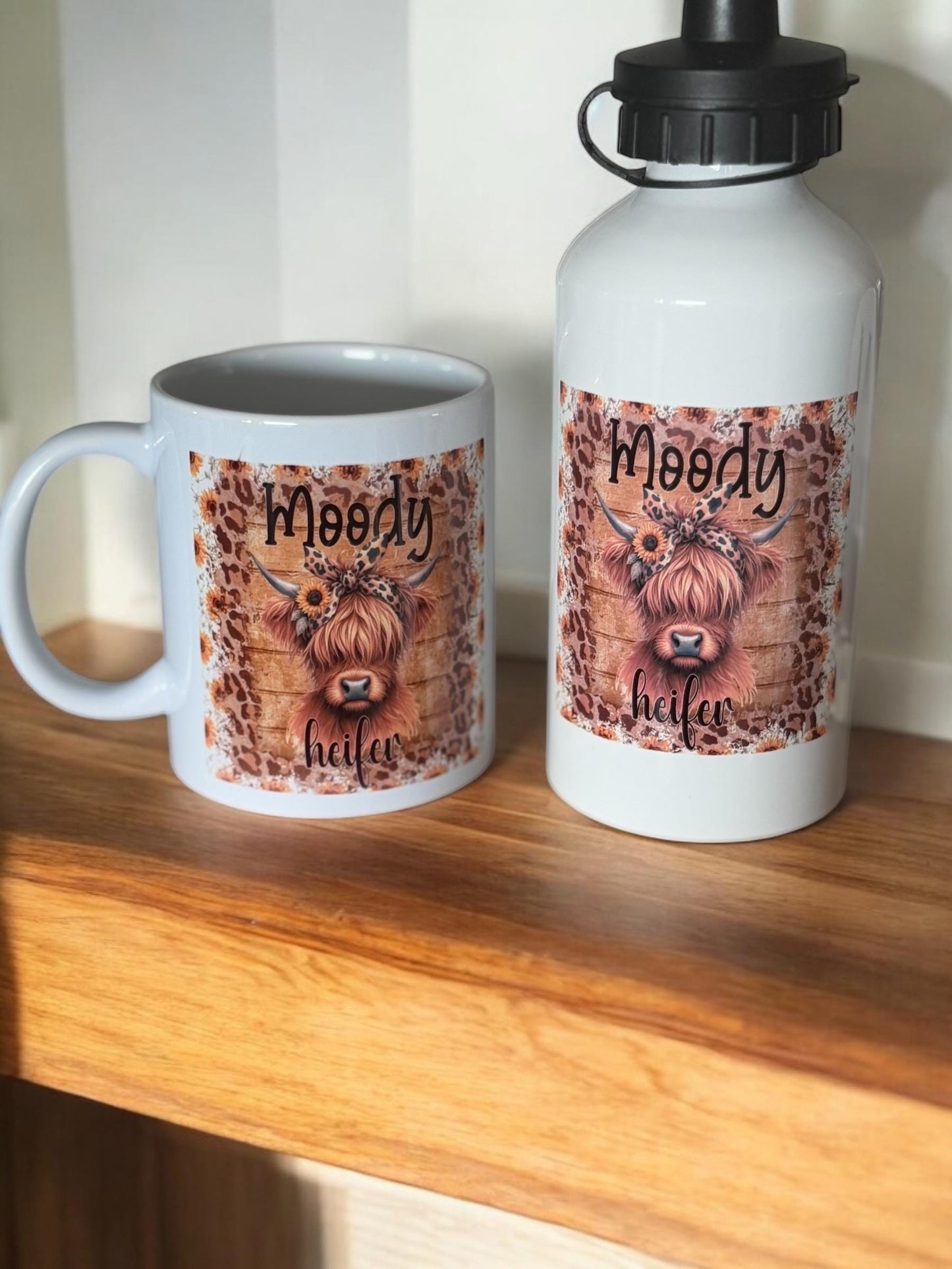 Highland cow mug - humorous mug with “moody heifer” and animal print design, highland cow lover gift