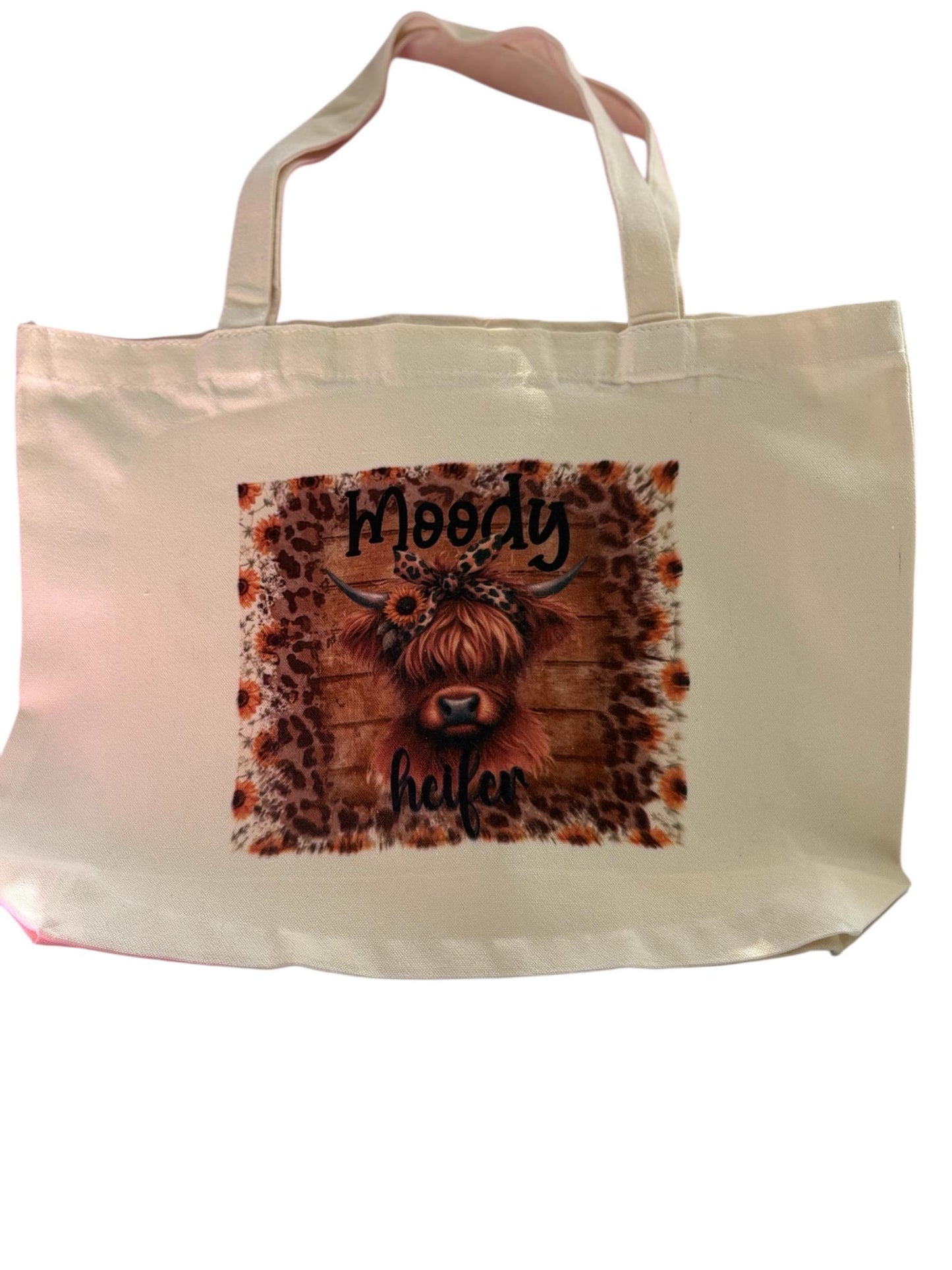 Highland Cow Tote Bag with “moody heifer”  and flower detail Highland Cow illustration,can be personalised