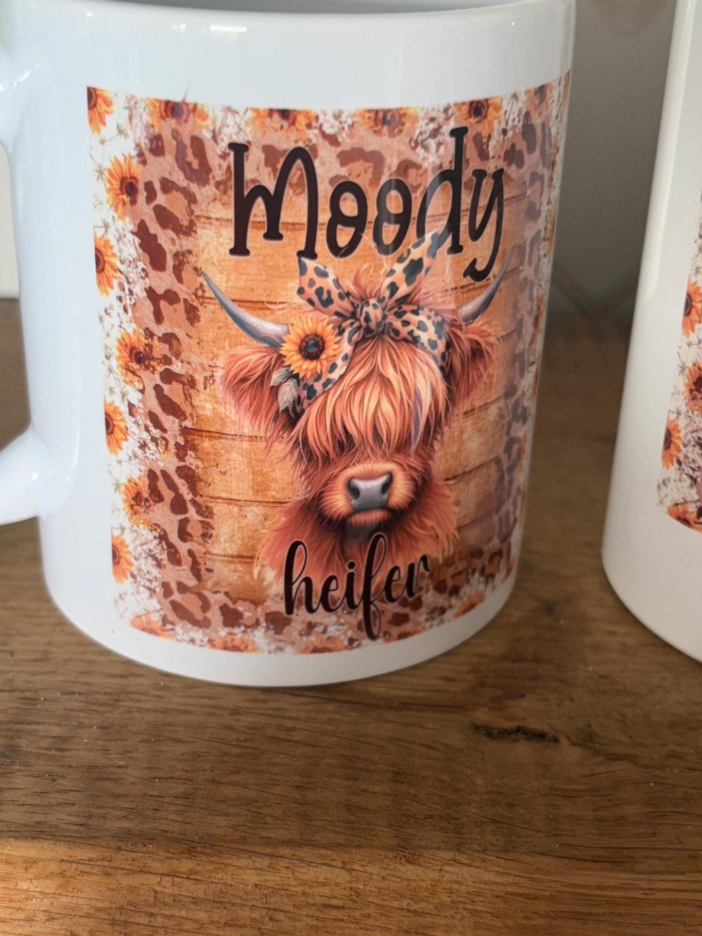 Highland cow mug - humorous mug with “moody heifer” and animal print design, highland cow lover gift