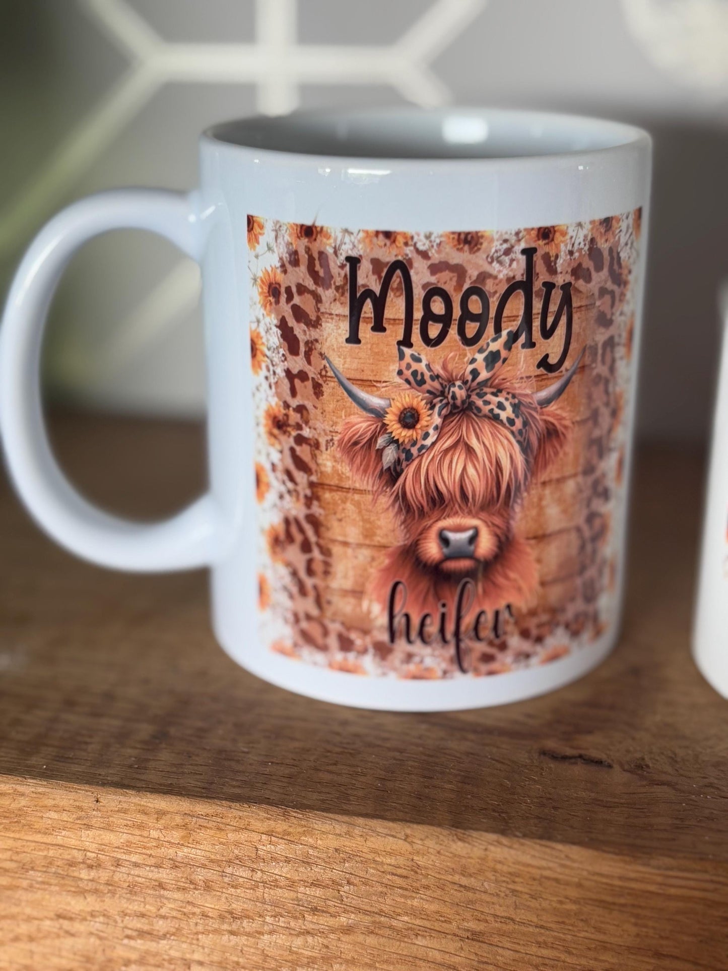 Highland cow mug - humorous mug with “moody heifer” and animal print design, highland cow lover gift