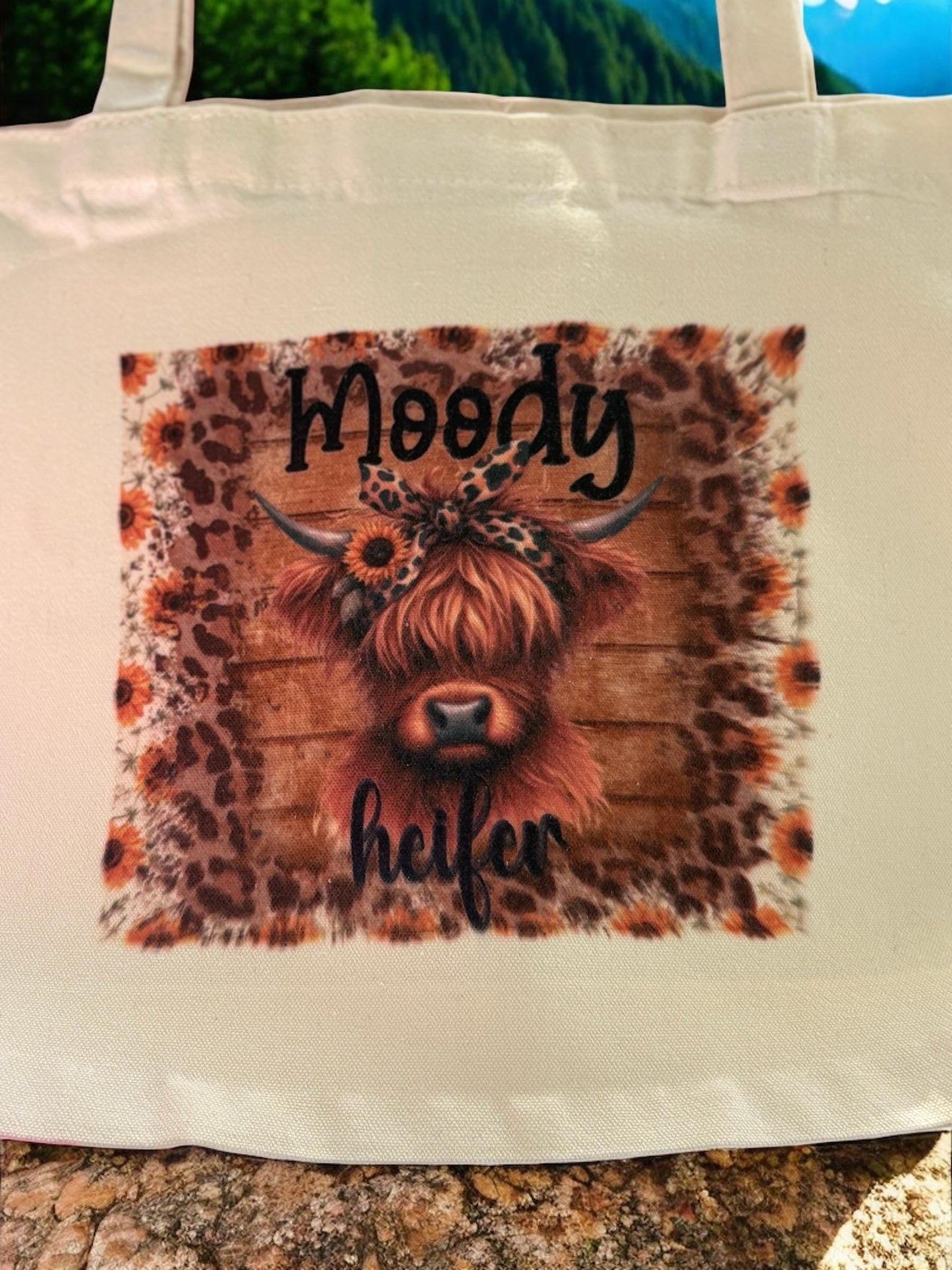 Highland Cow Tote Bag with “moody heifer”  and flower detail Highland Cow illustration,can be personalised