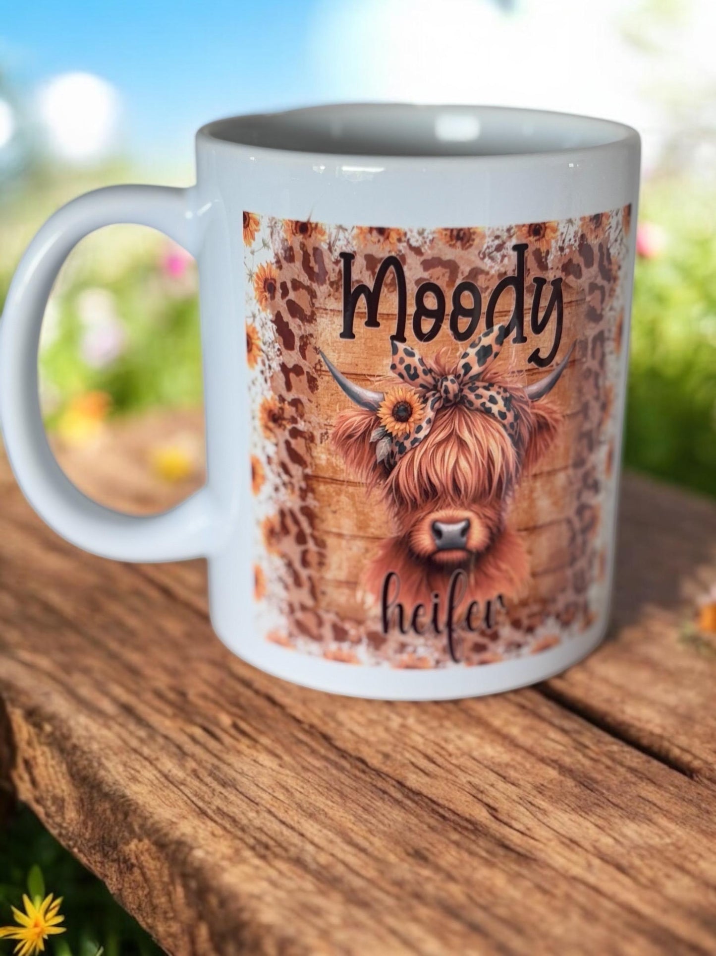 Highland cow mug - humorous mug with “moody heifer” and animal print design, highland cow lover gift