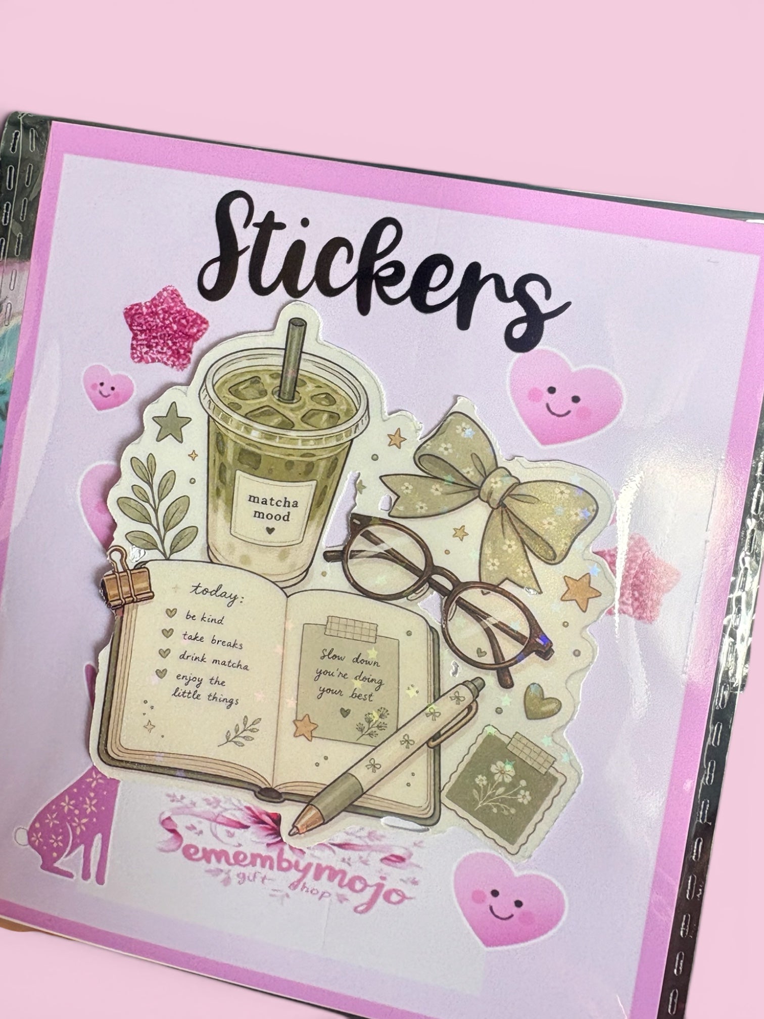 Bookish Matcha Journal Waterproof Sticker – Glasses & Ribbon Design