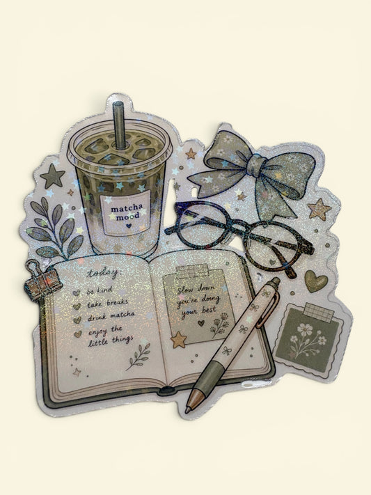Bookish Matcha Journal Waterproof Sticker – Glasses & Ribbon Design