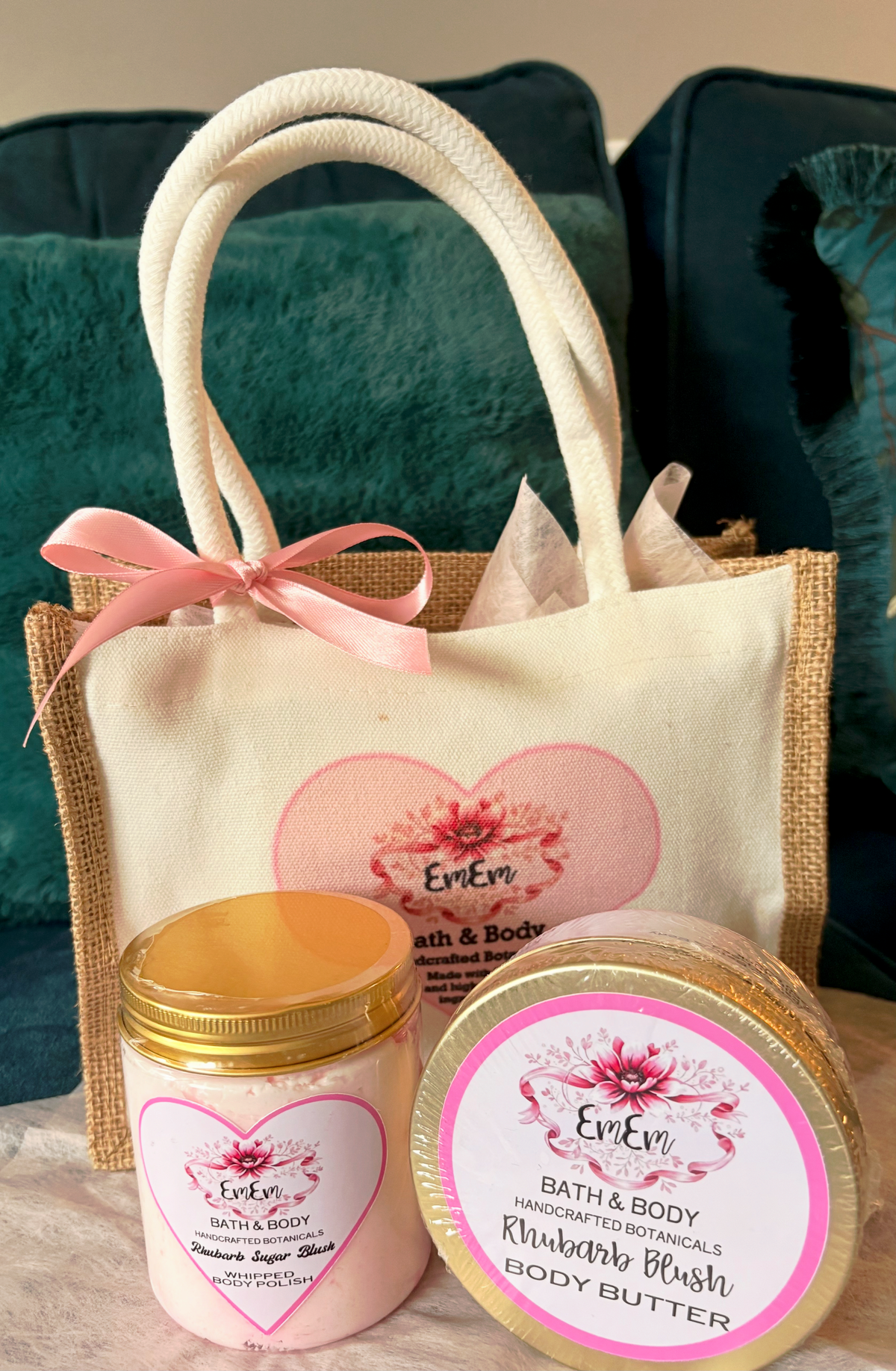 Rhubarb & Custard Gift Set | Handmade Body Scrub & Body Butter in Canvas Bag | 250ml Each
