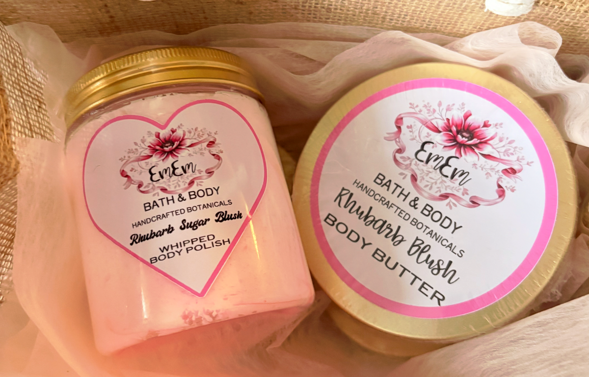 Rhubarb & Custard Gift Set | Handmade Body Scrub & Body Butter in Canvas Bag | 250ml Each